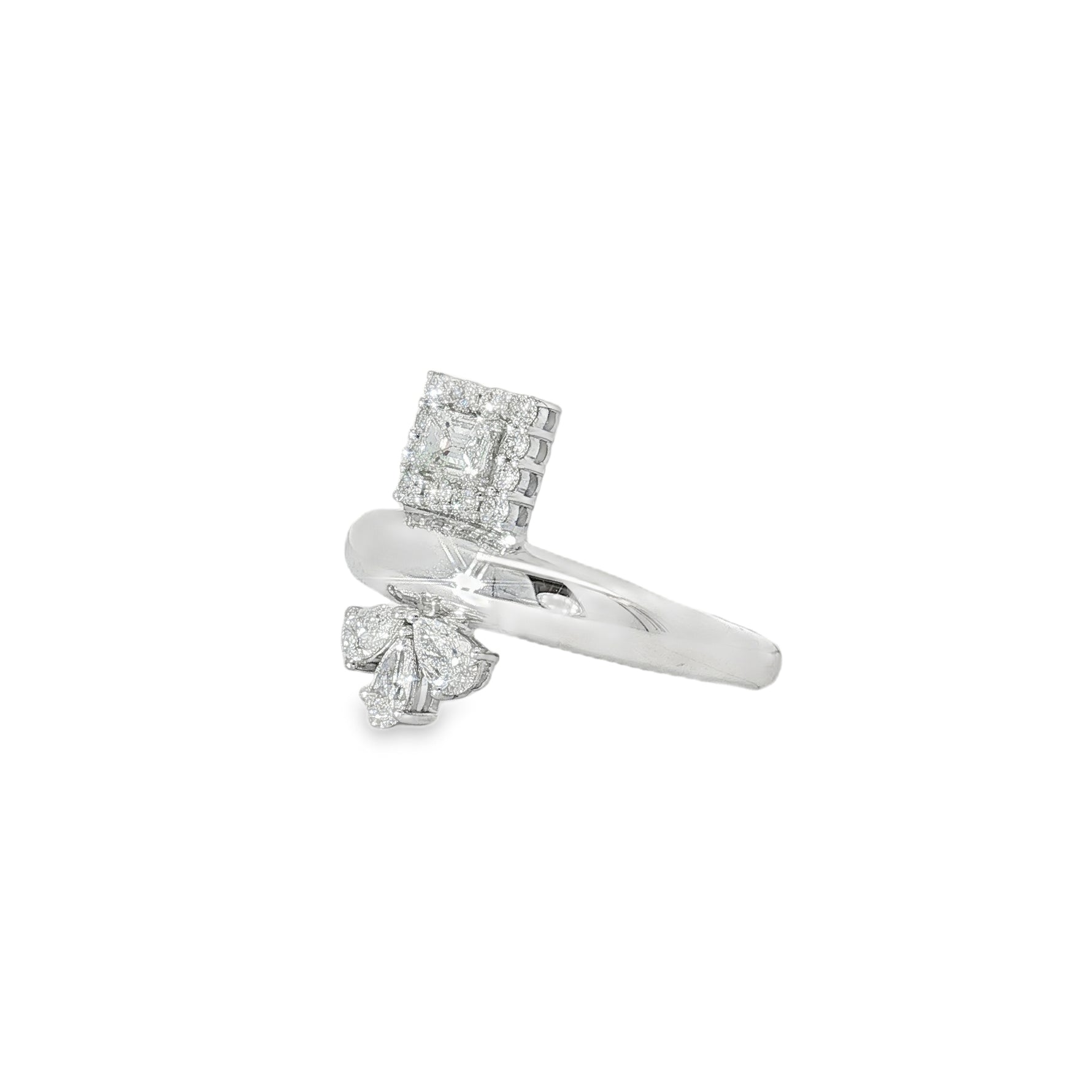 Pear and Emerald-Cut Diamond Open Ring angled view