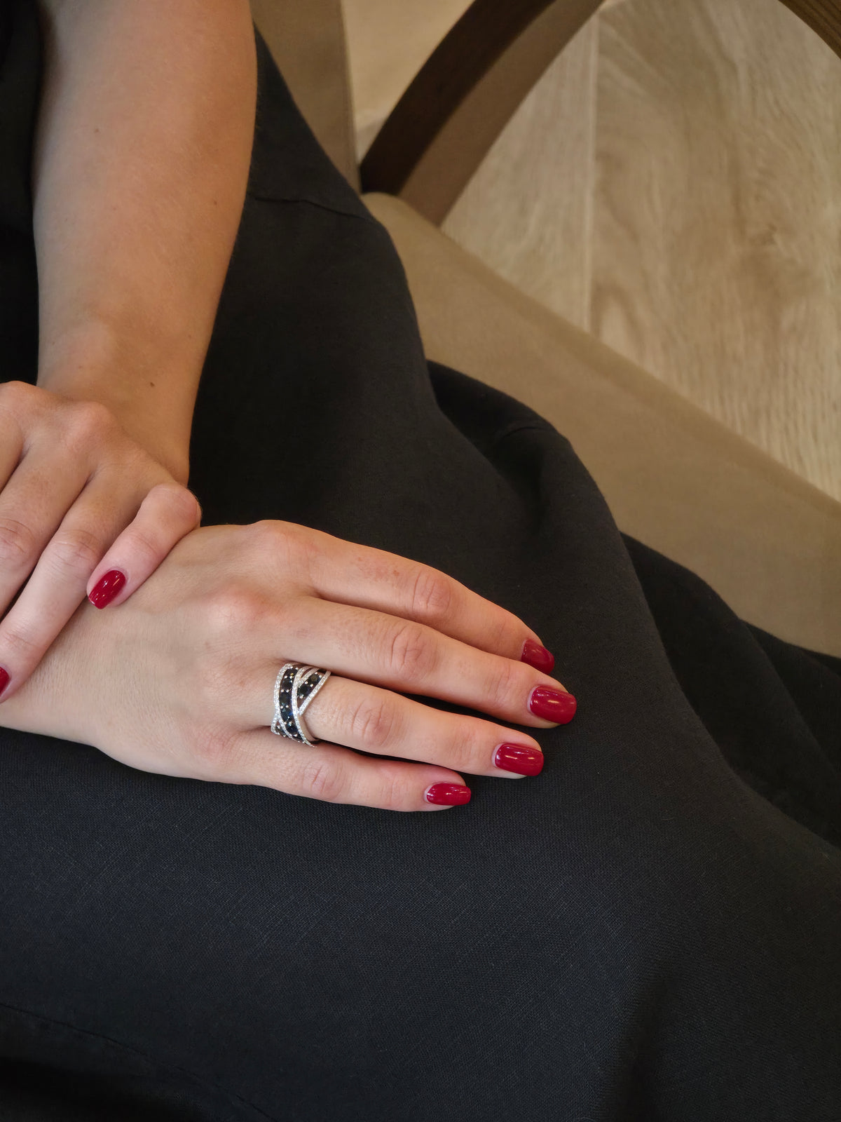 Sapphire Oval Rows Diamond Crisscross Ring - additional view