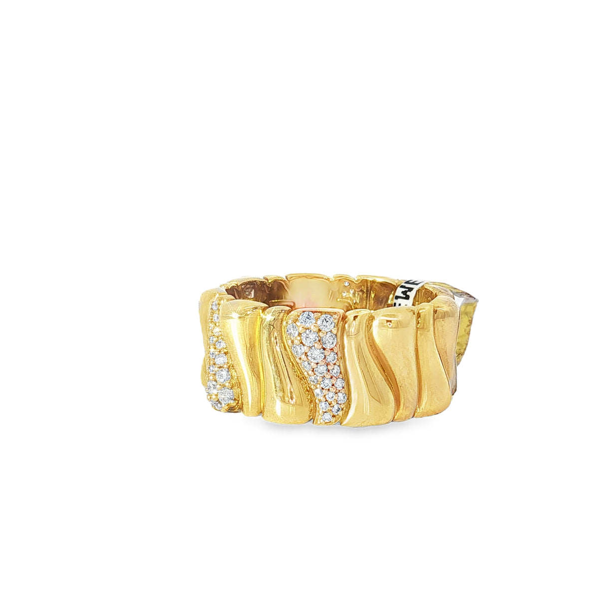 Wavy Pavé Diamond Yellow Gold Band Ring angled view