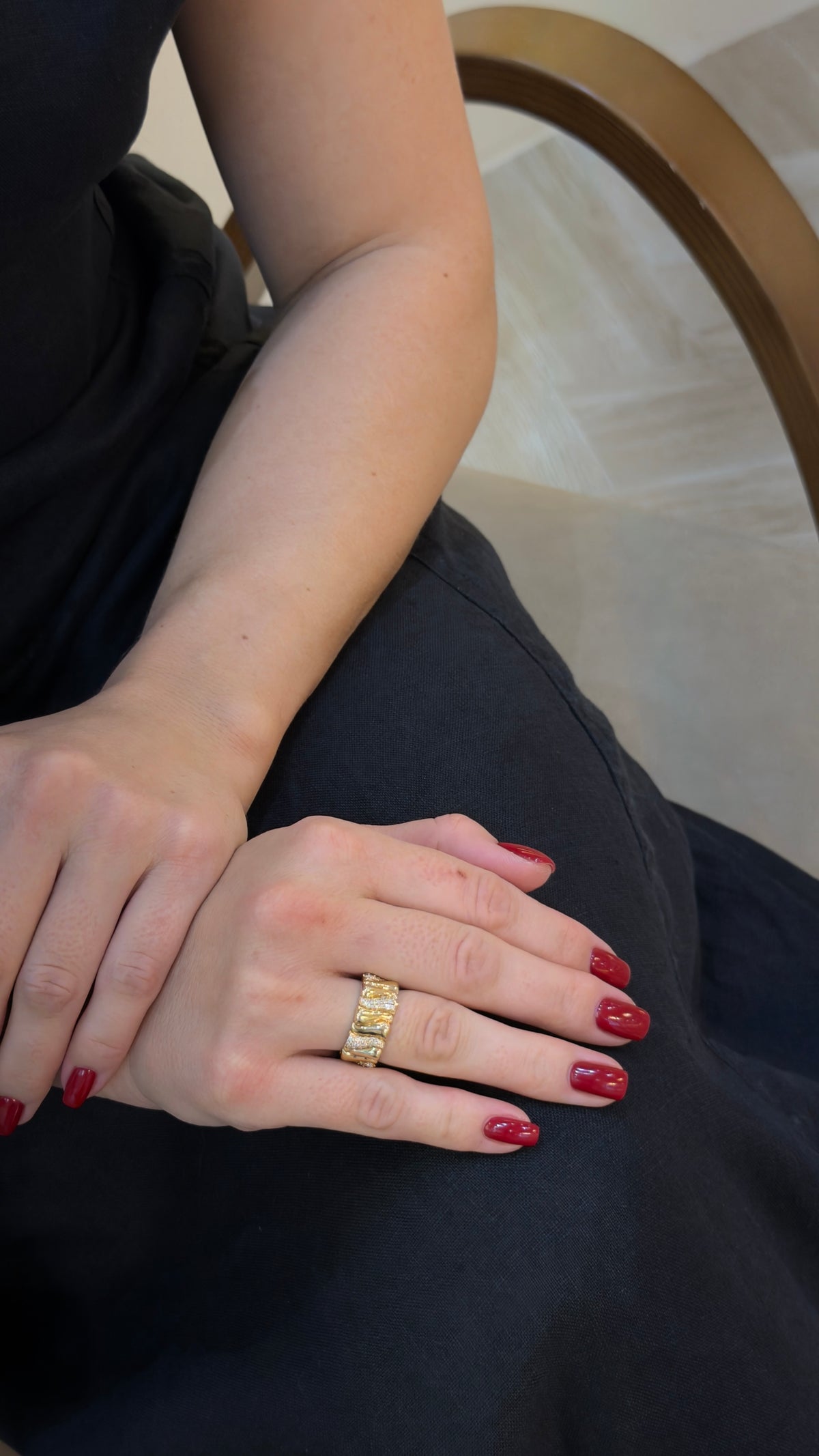 Wavy Pavé Diamond Yellow Gold Band Ring - additional view