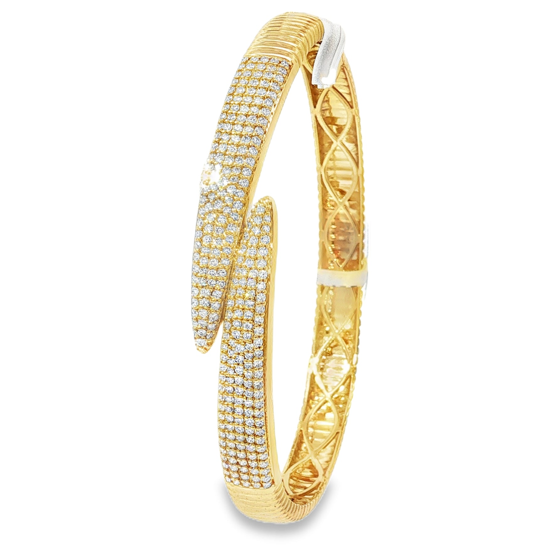Pavé Crossover Yellow Gold Bangle angled view