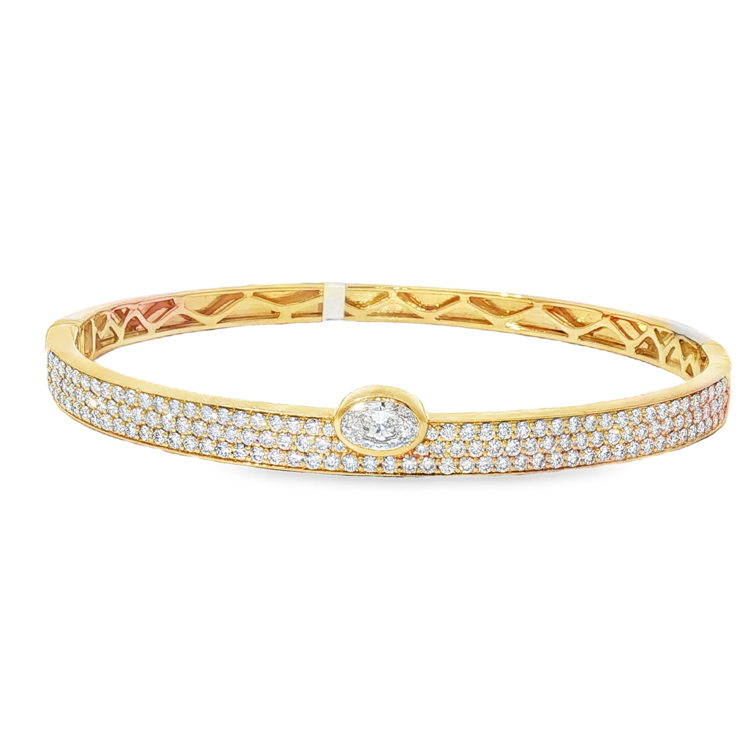 Oval Diamond Station Yellow Gold Bangle front view