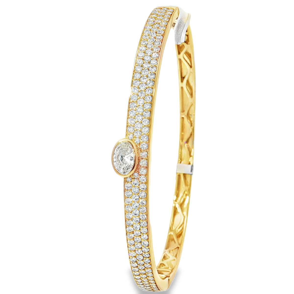 Oval Diamond Station Yellow Gold Bangle angled view