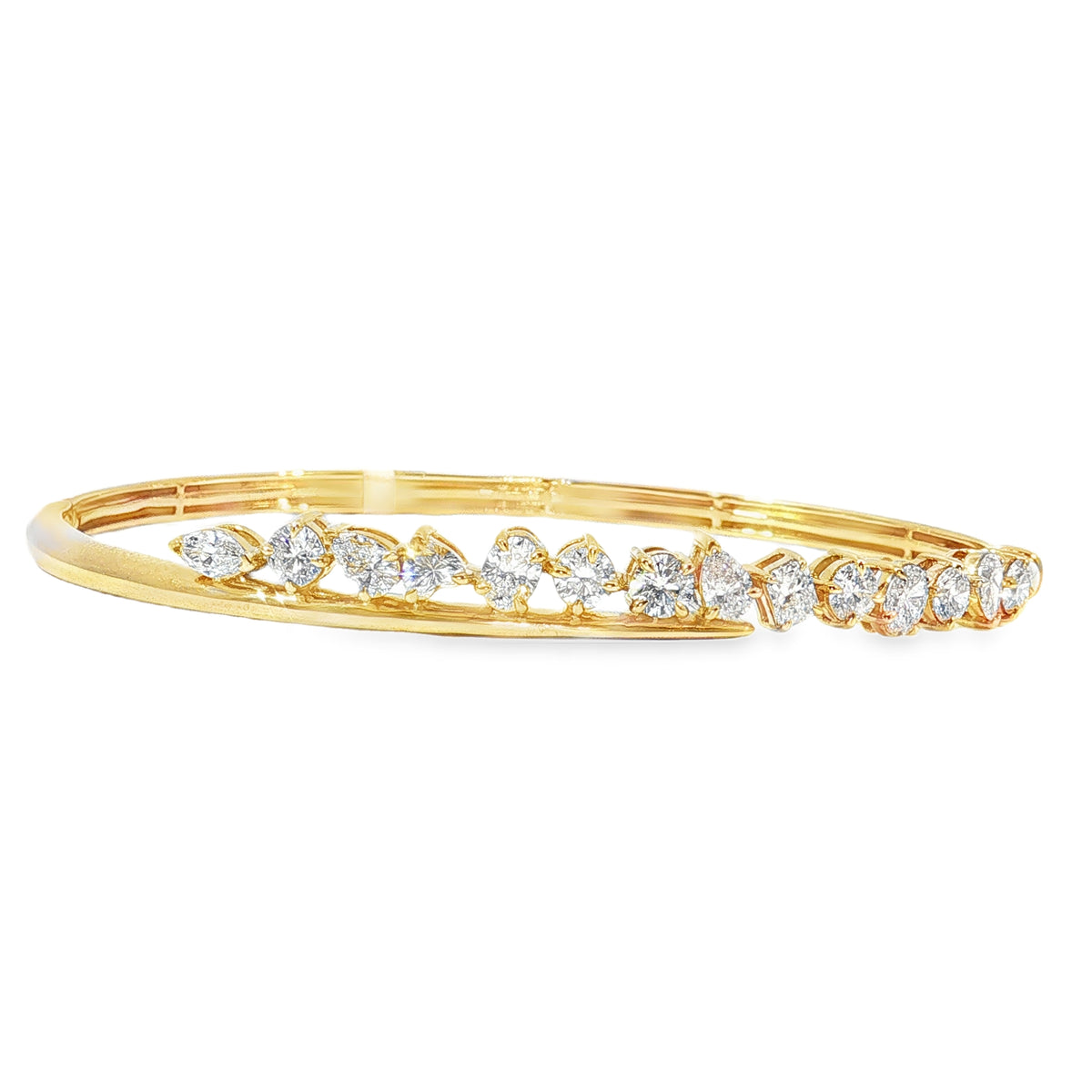 Mixed-Cut Diamond Line Yellow Gold Bangle front view