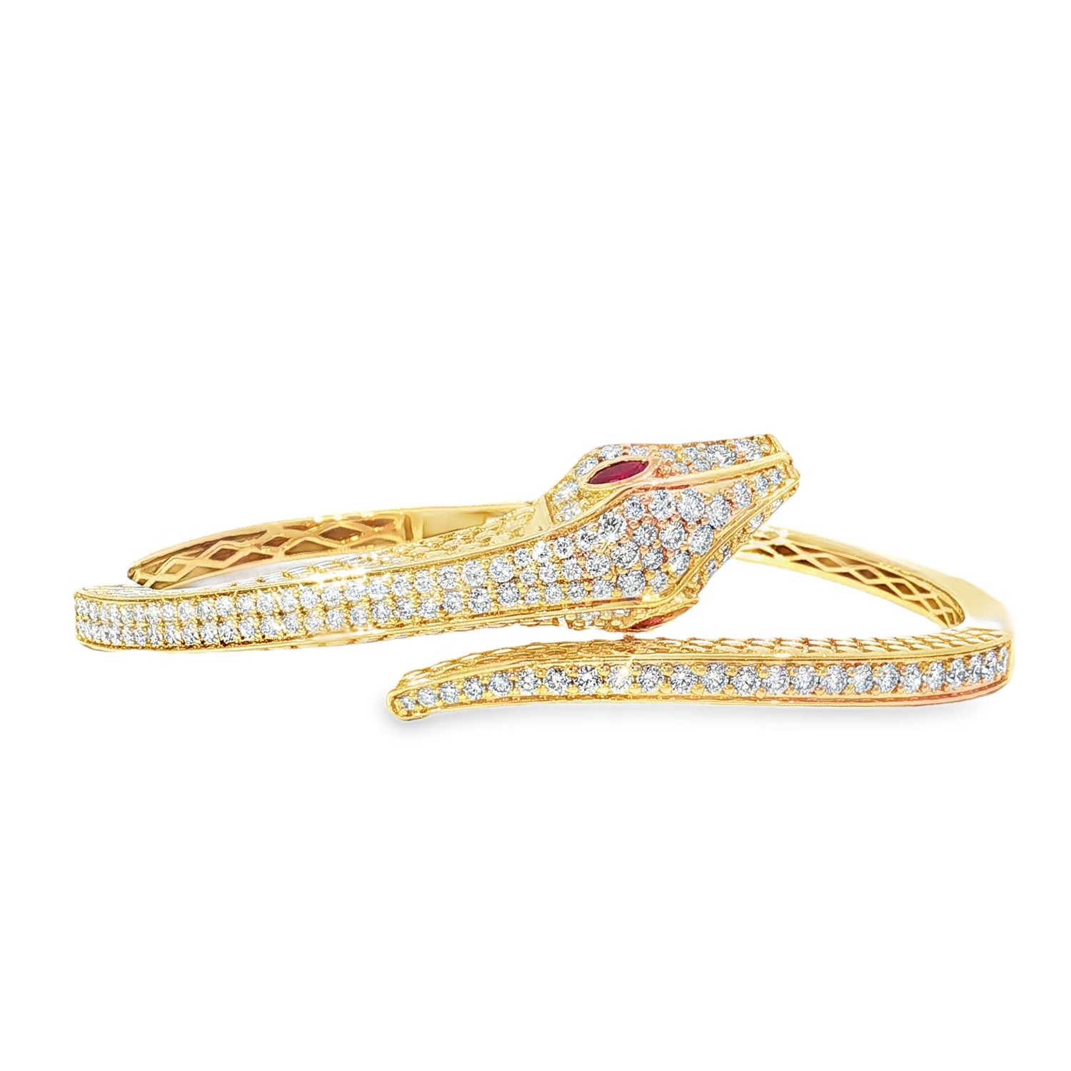 Ruby-Eyed Diamond Snake Yellow Gold Bangle front view
