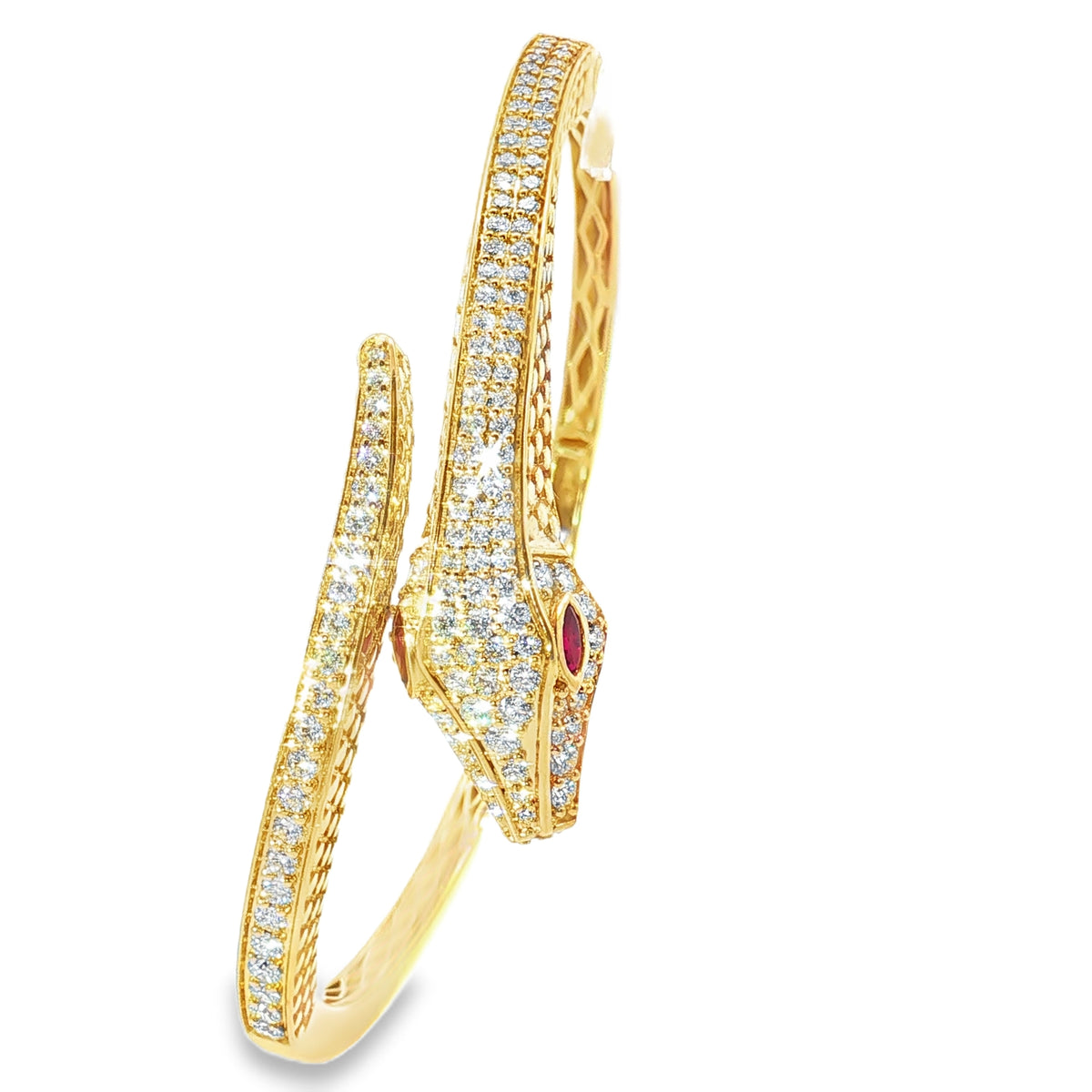 Ruby-Eyed Diamond Snake Yellow Gold Bangle angled view