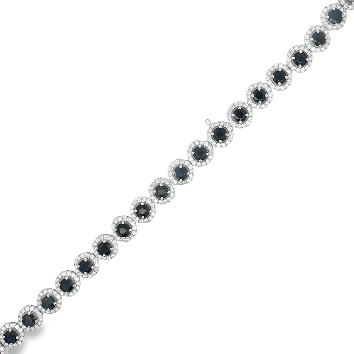 Sapphire Diamond Halo Tennis Bracelet in white gold front view
