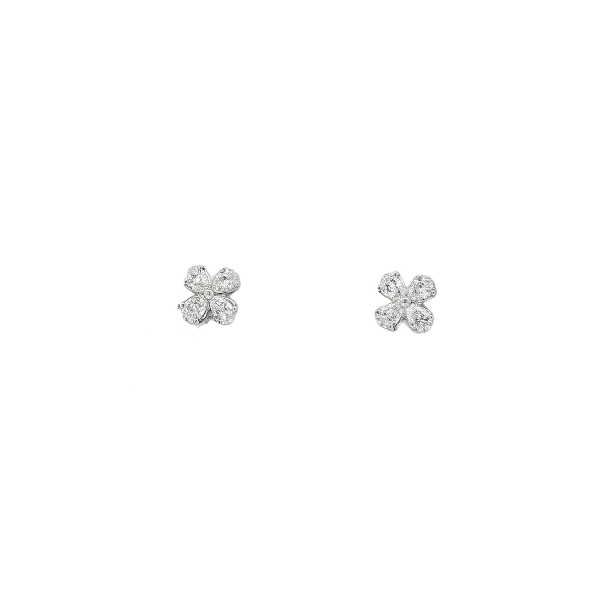 White gold flower stud earrings with four pear-shaped diamond petals each