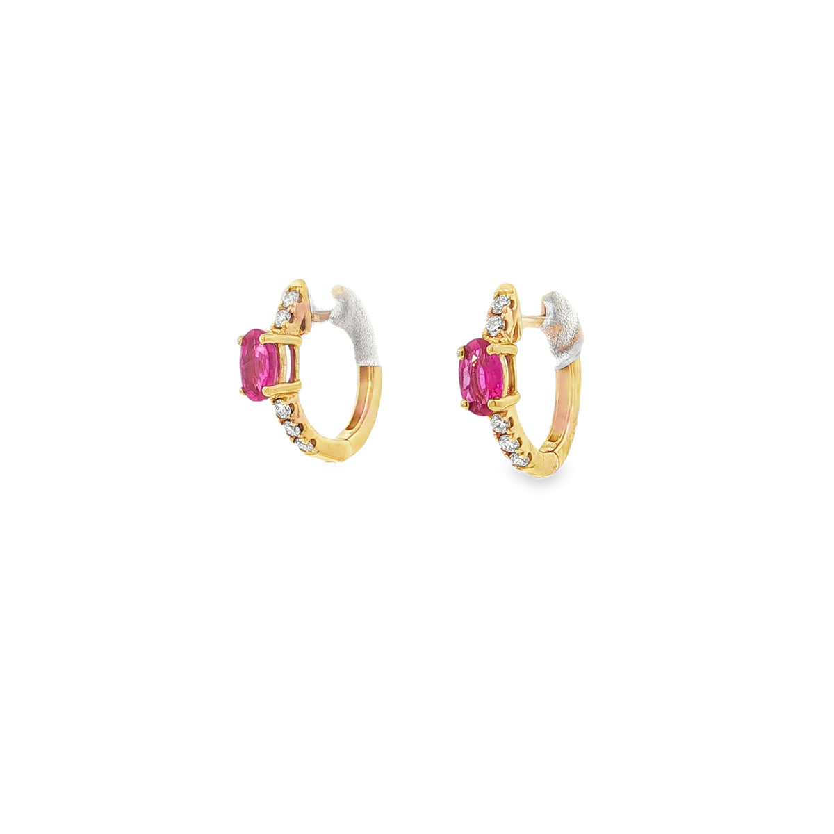 Yellow gold diamond hoop earrings with pink sapphire centres and smooth backs