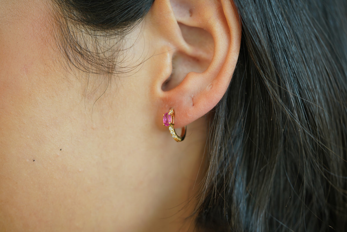 Pink Sapphire Diamond Yellow Gold Hoop Earrings - additional view