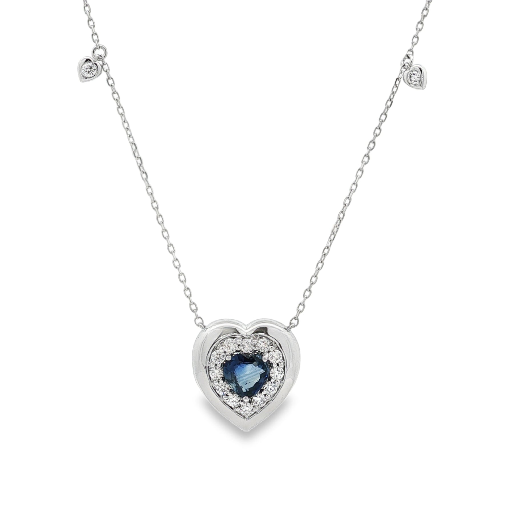 Sapphire Heart Diamond Halo Pendant in white gold front view