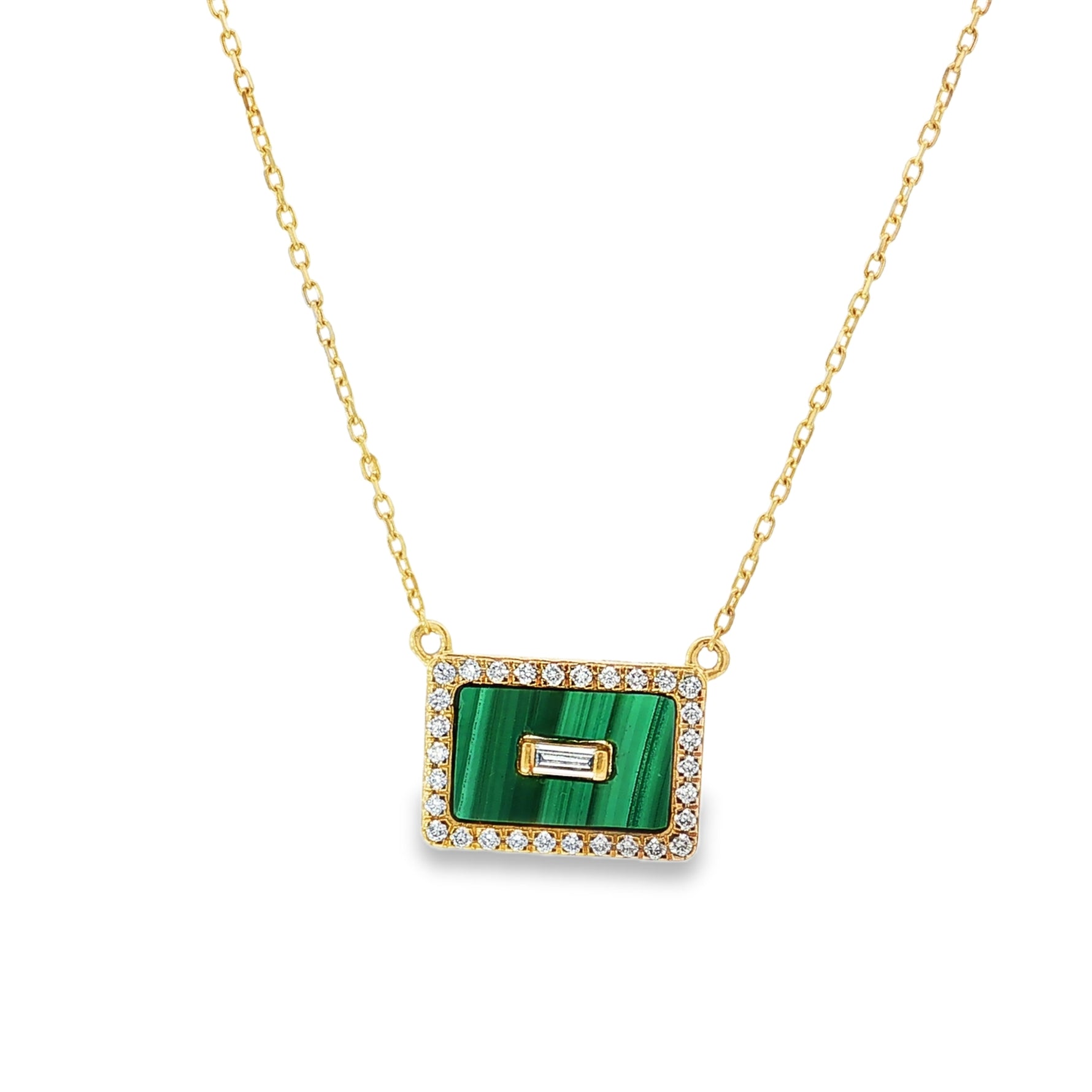 Malachite Baguette Diamond Yellow Gold Pendant front view
