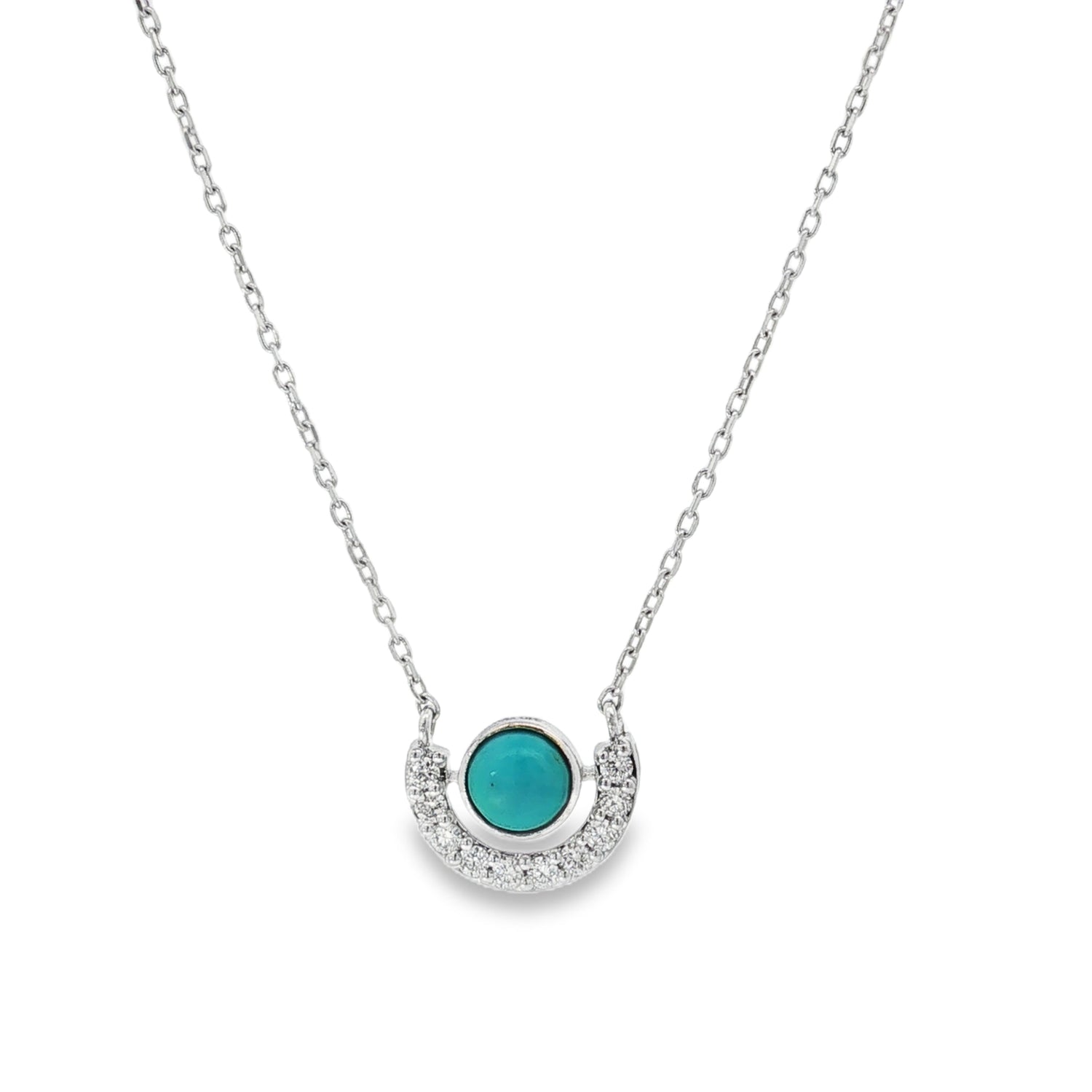 Turquoise Diamond Crescent Pendant in white gold front view