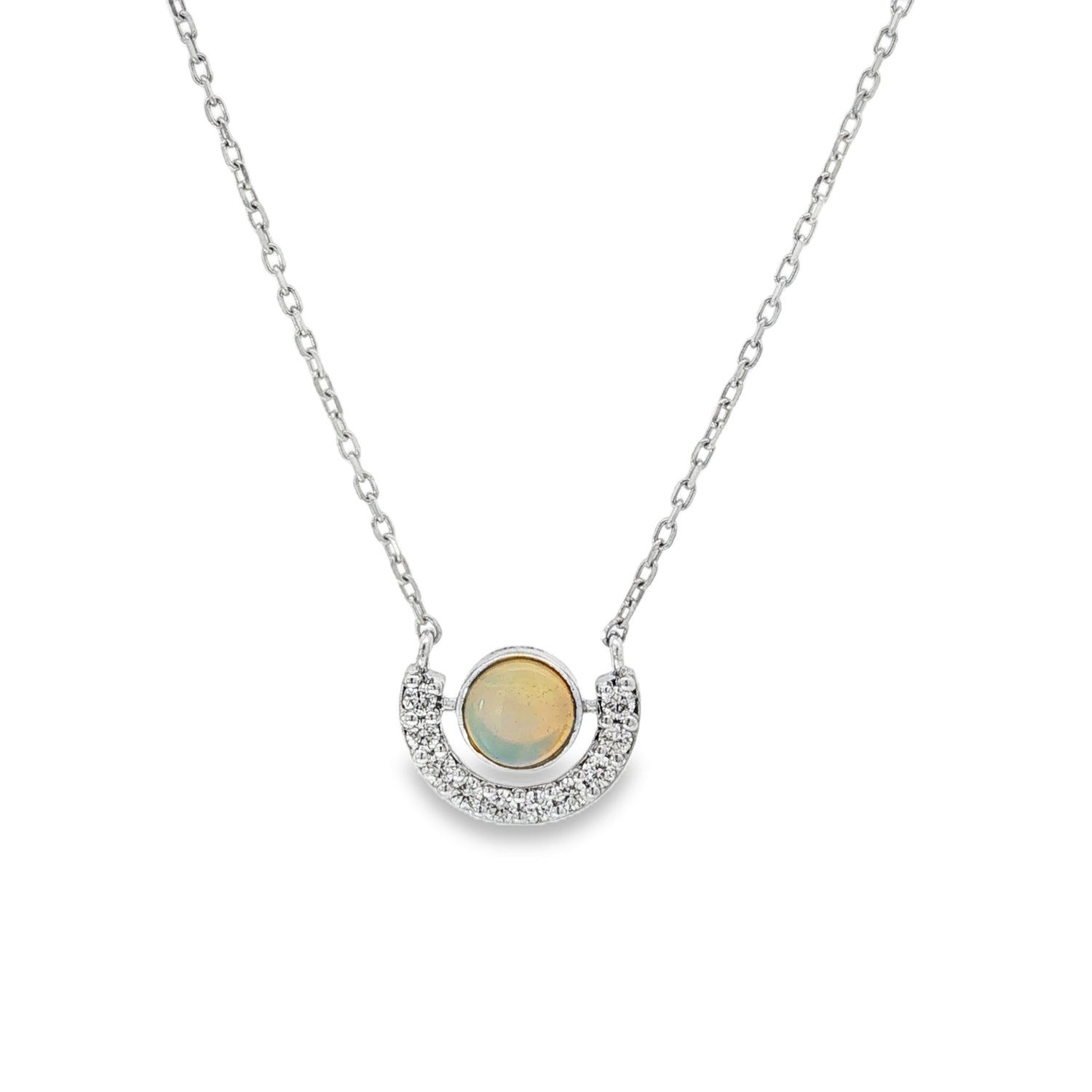 Opal Diamond Crescent Pendant in white gold front view