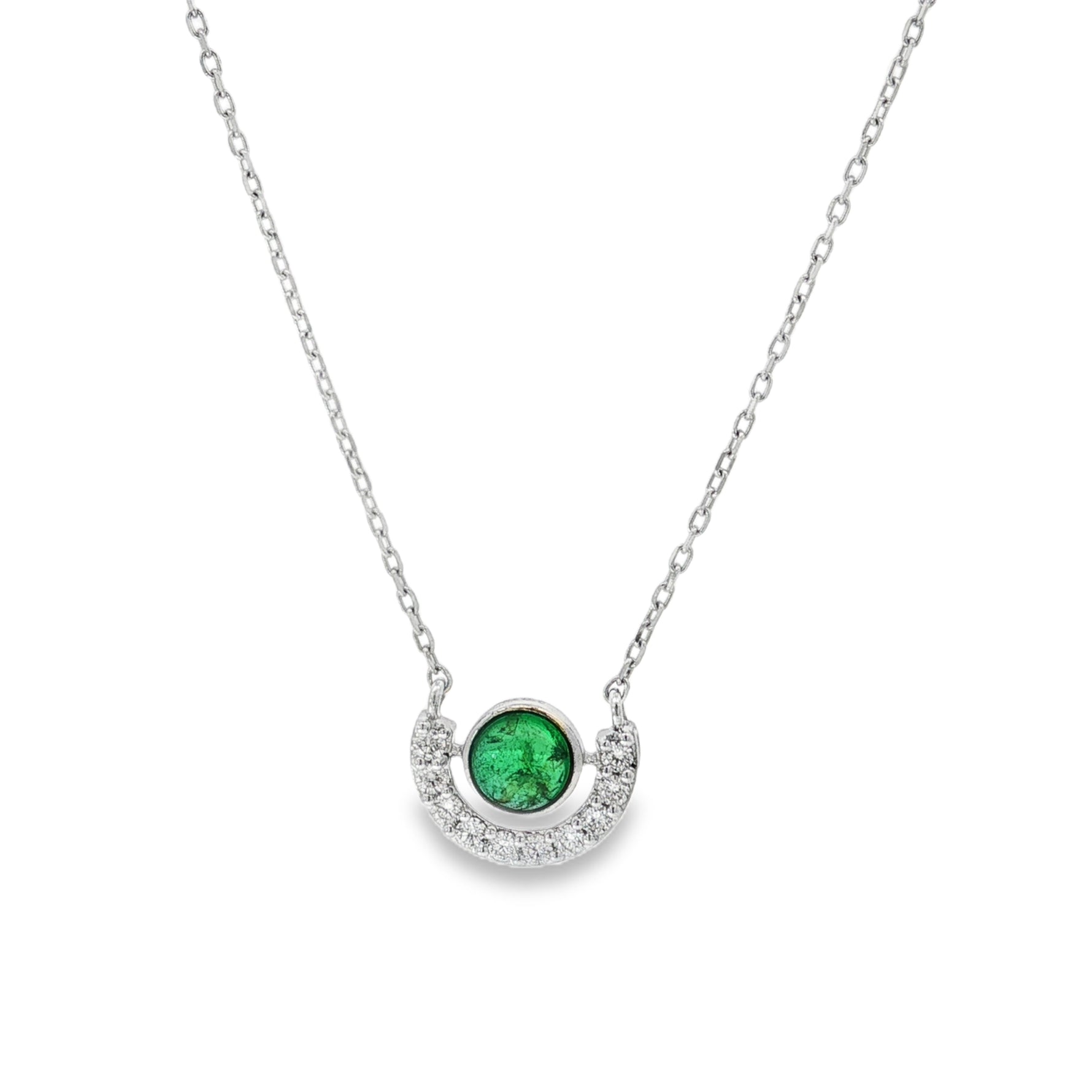Emerald Diamond Crescent Pendant in white gold front view