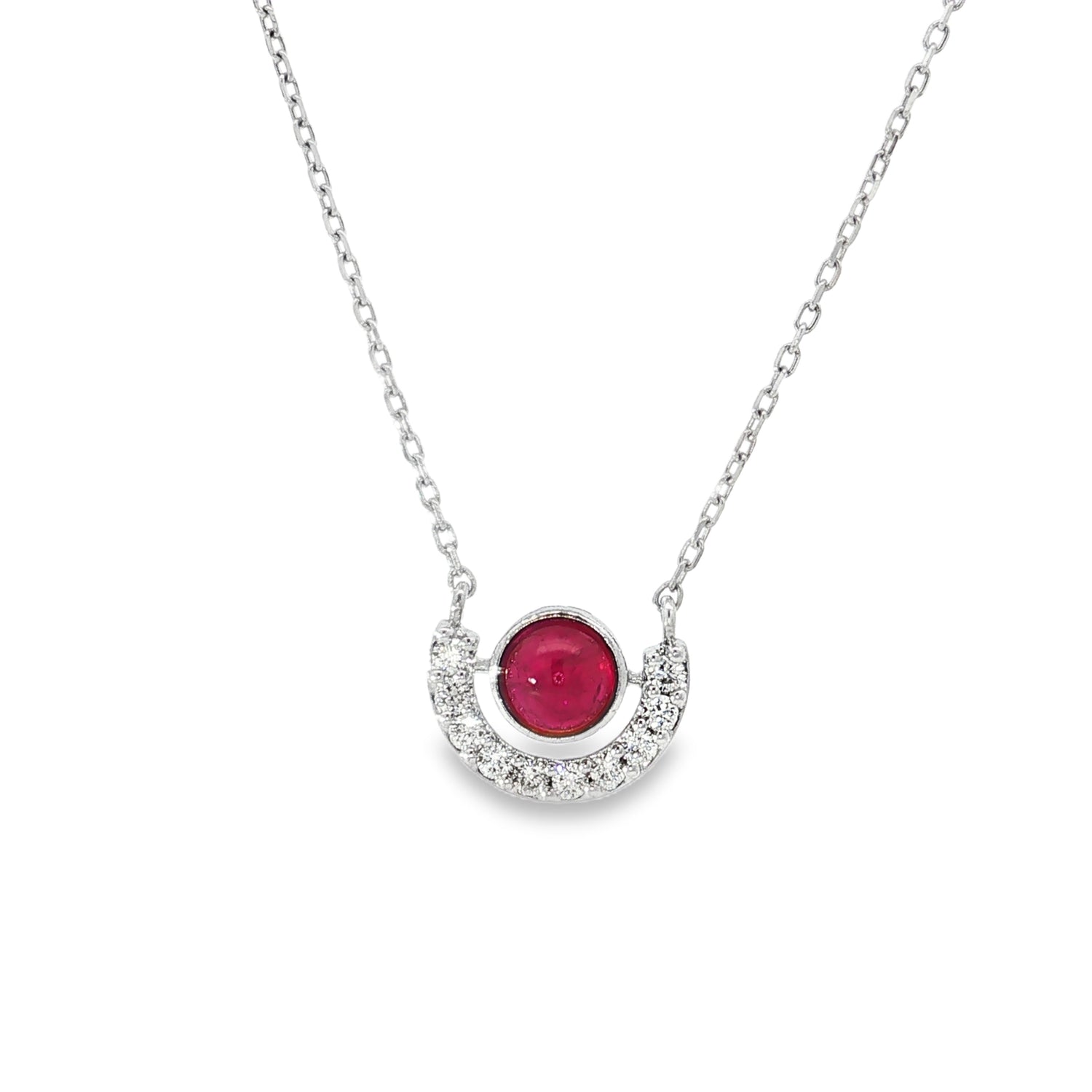 Ruby Diamond Crescent Pendant in white gold front view