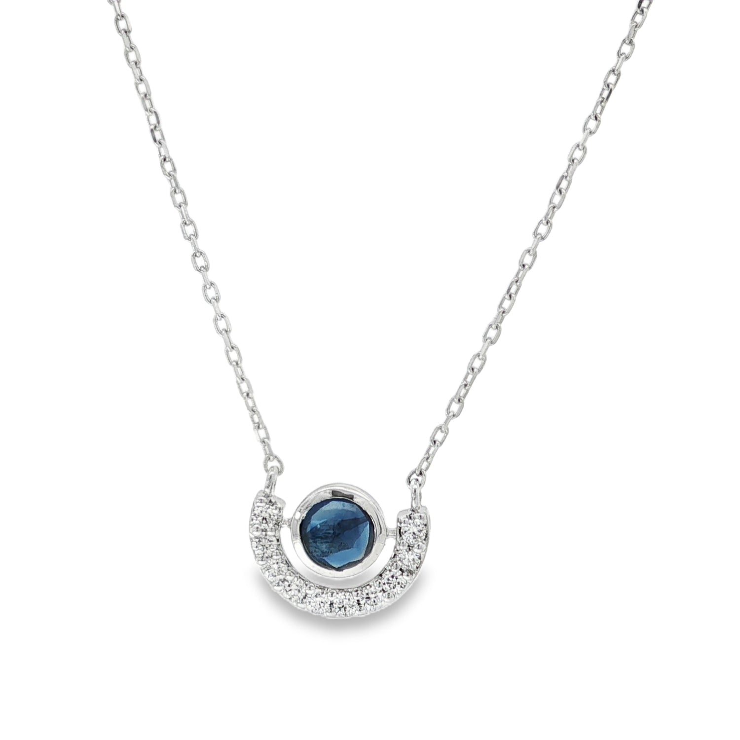 Sapphire Diamond Crescent Pendant in white gold front view