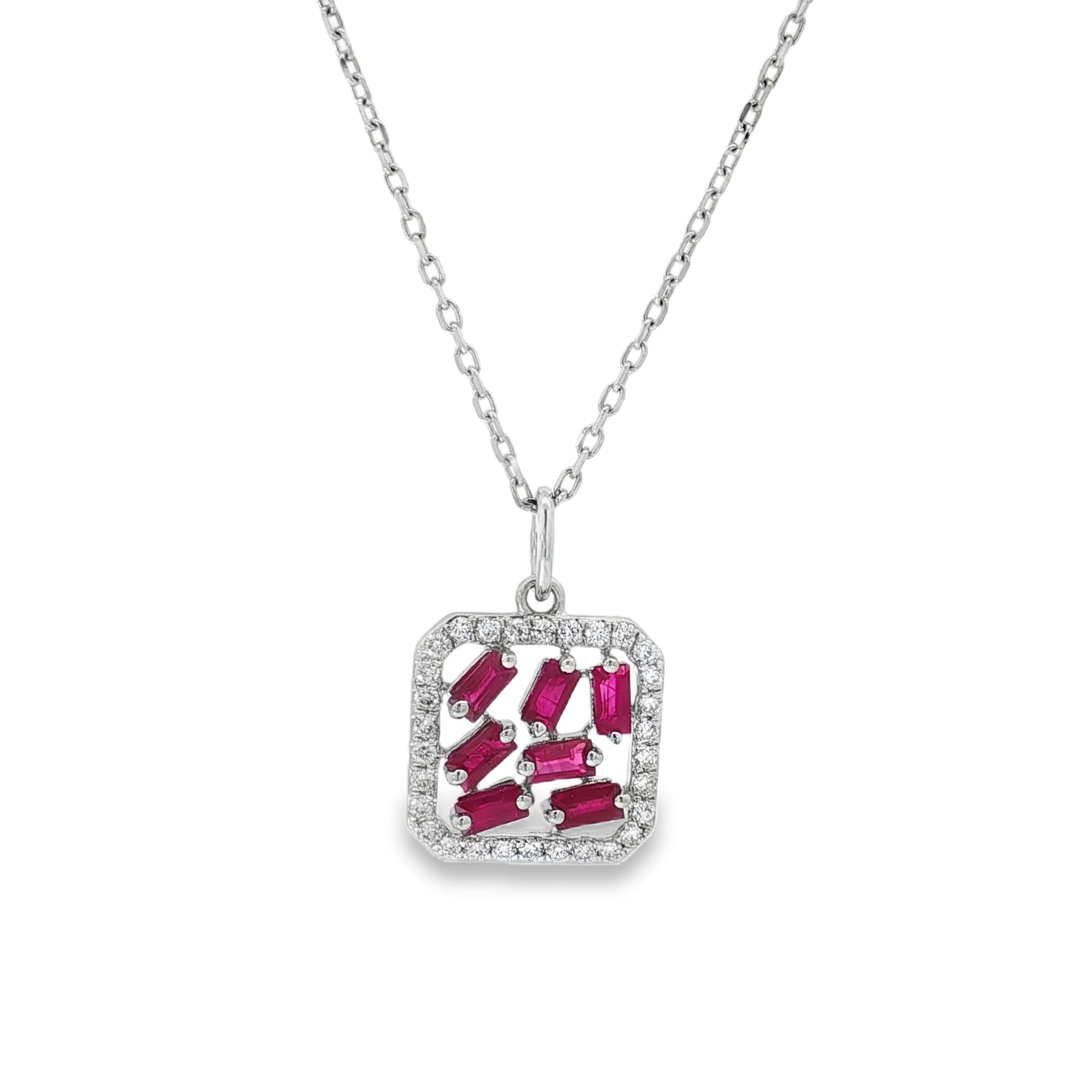 Ruby Baguette Diamond Geometric Pendant in white gold front view
