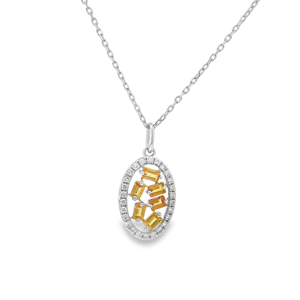 Yellow Sapphire Baguette Diamond Teardrop Pendant in white gold front view