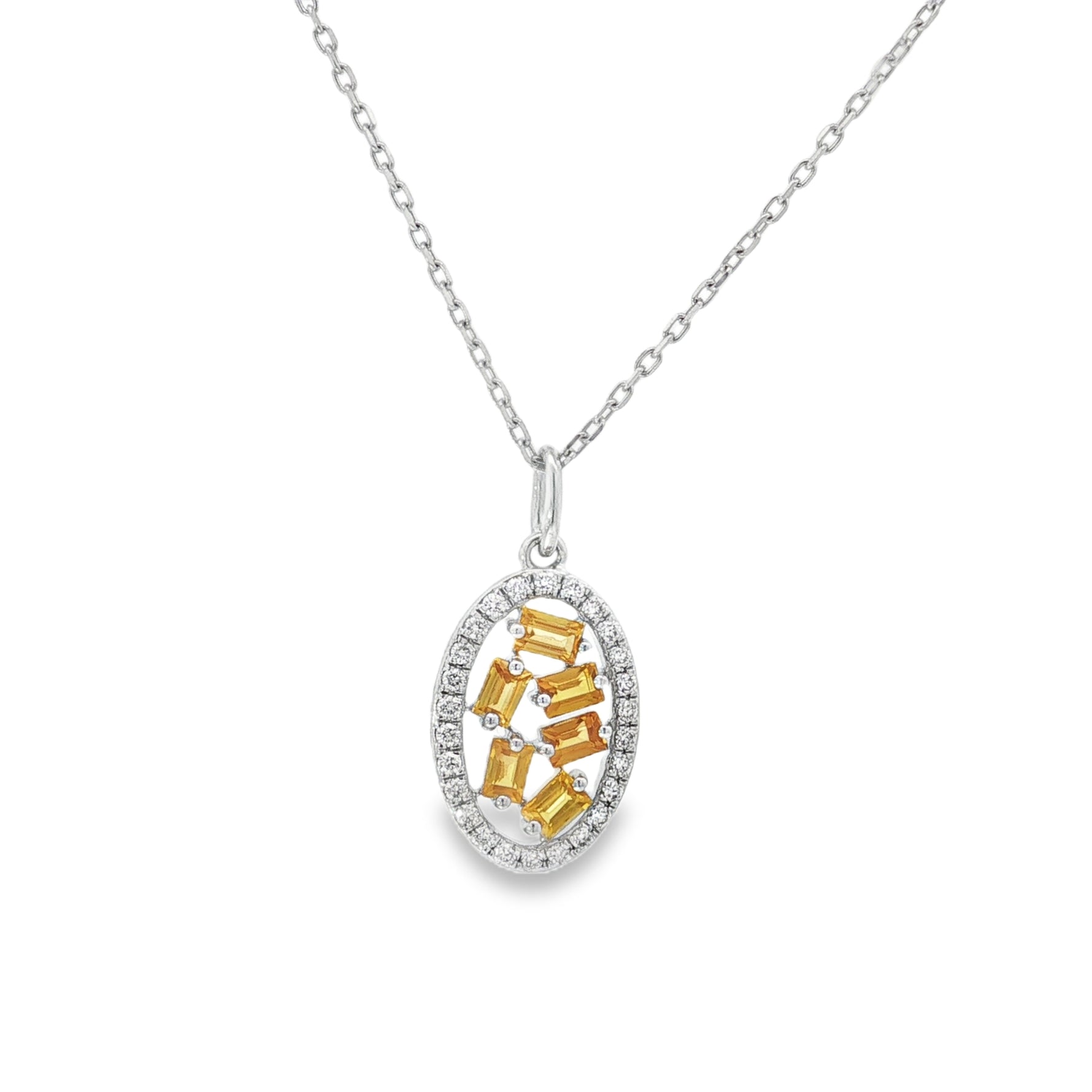 Yellow Sapphire Baguette Diamond Teardrop Pendant in white gold front view