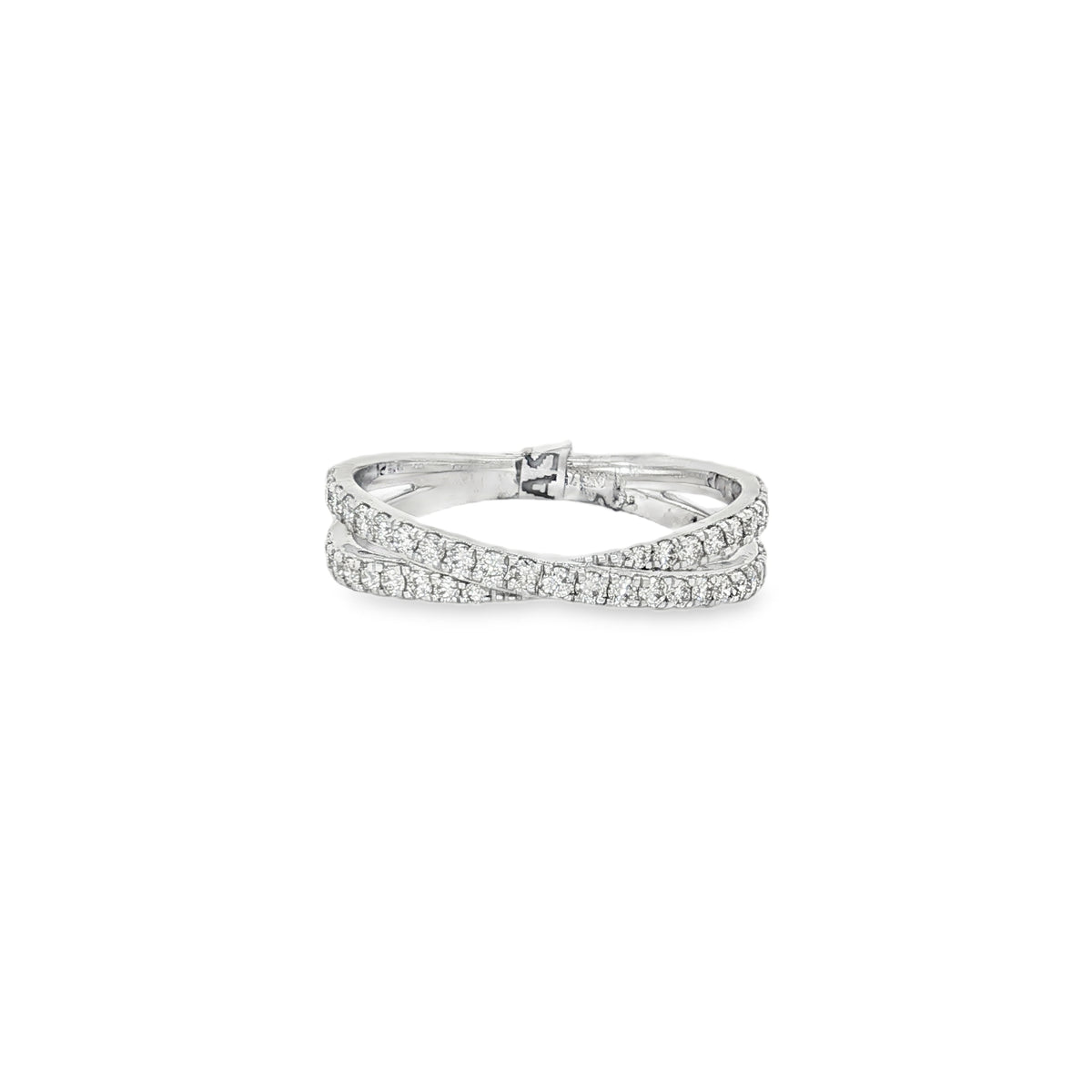Parallel Pavé Diamond Crossover Ring in white gold front view