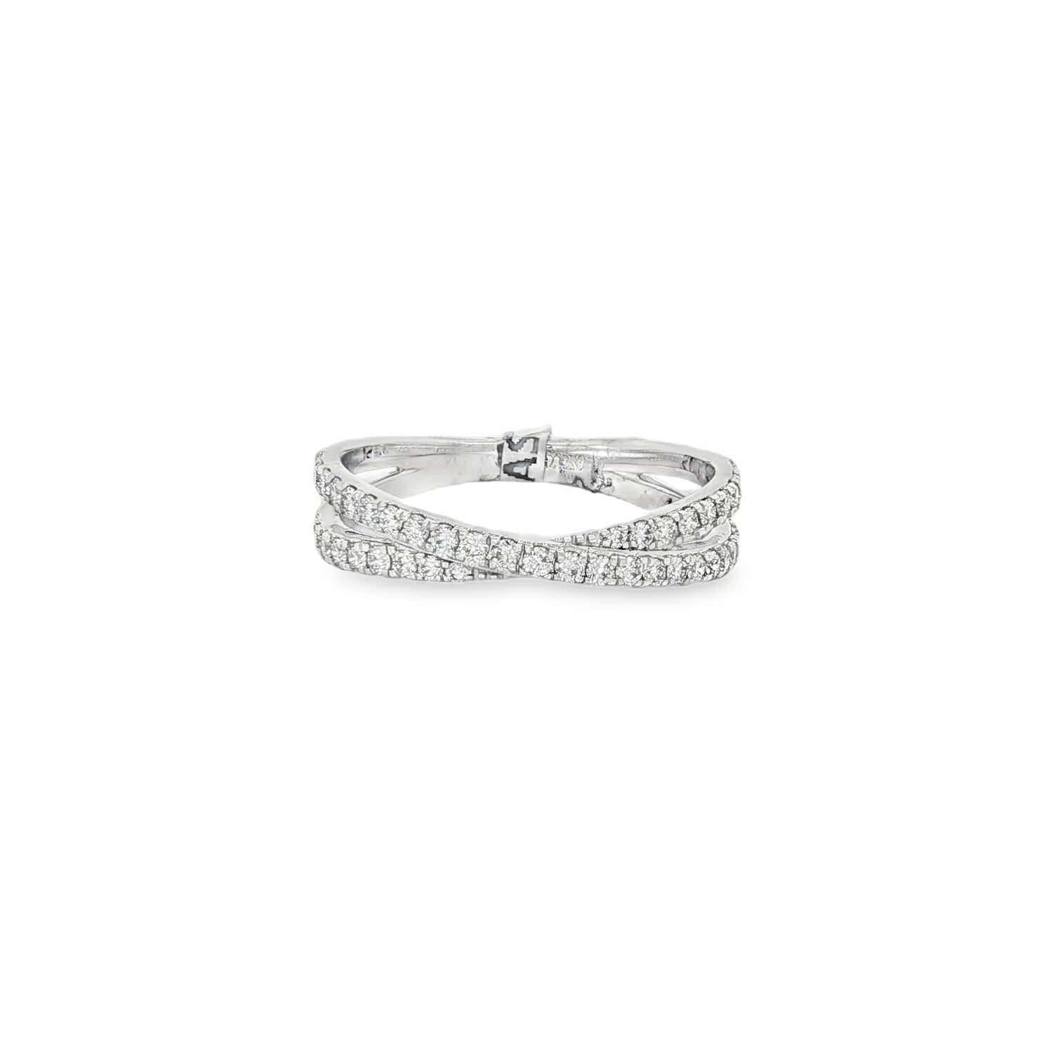 Parallel Pavé Diamond Crossover Ring in white gold front view