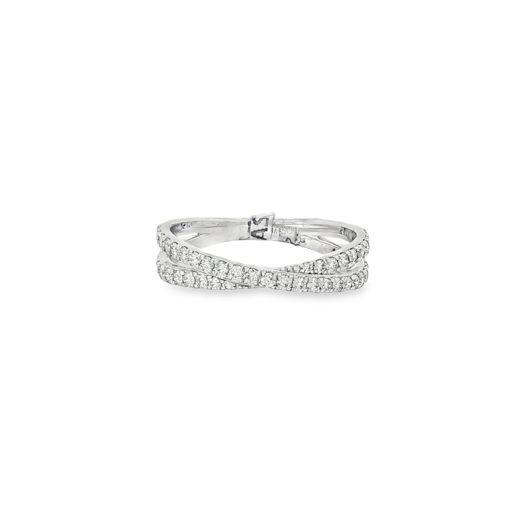 Parallel Pavé Diamond Crossover Ring in white gold front view