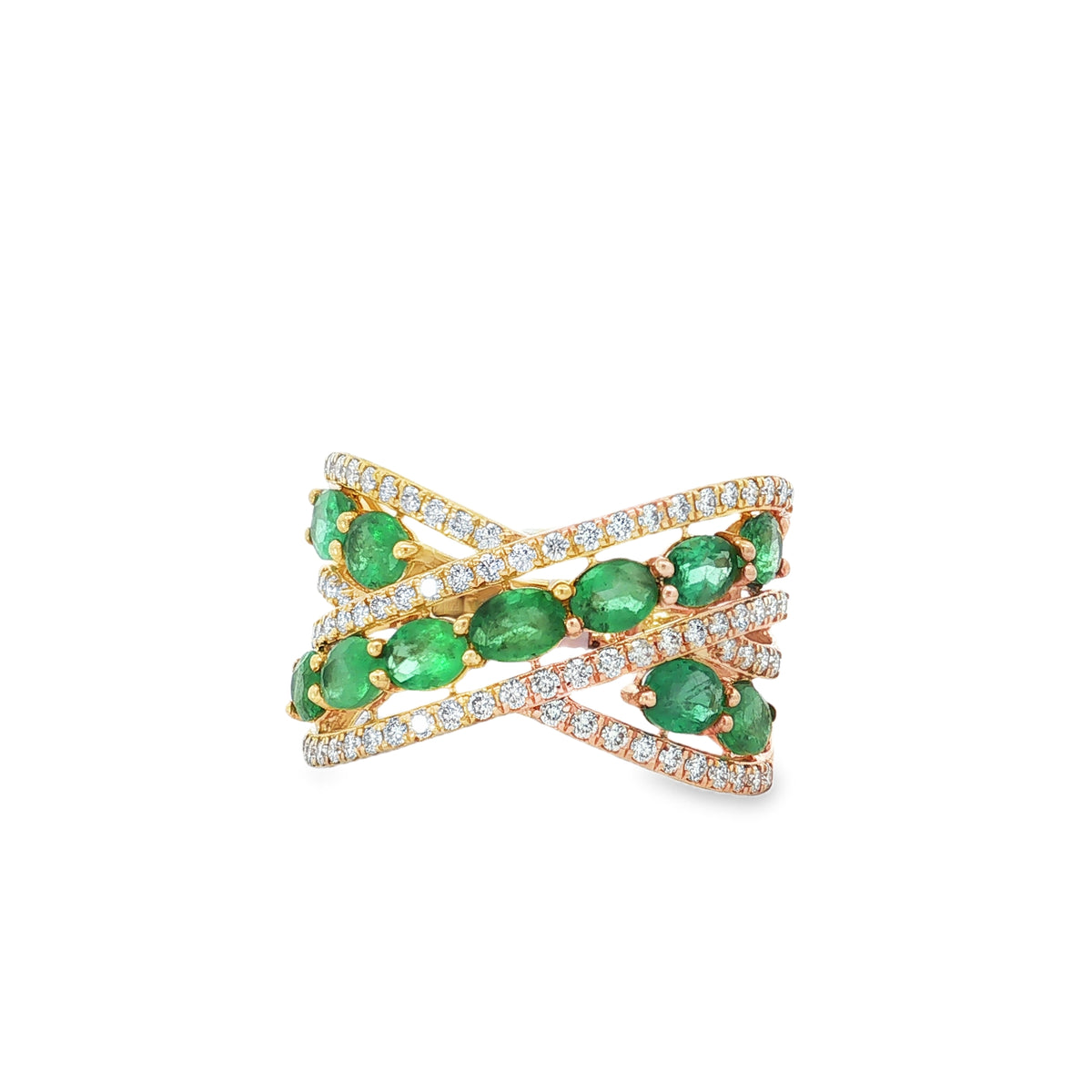 Emerald Diamond Ribbon Yellow Gold Ring front view