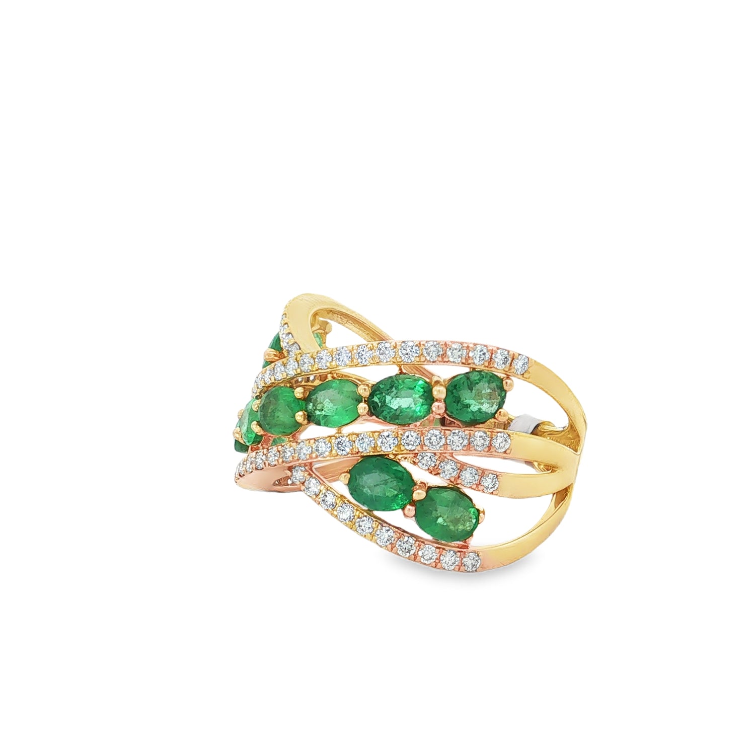 Emerald Diamond Ribbon Yellow Gold Ring angled view