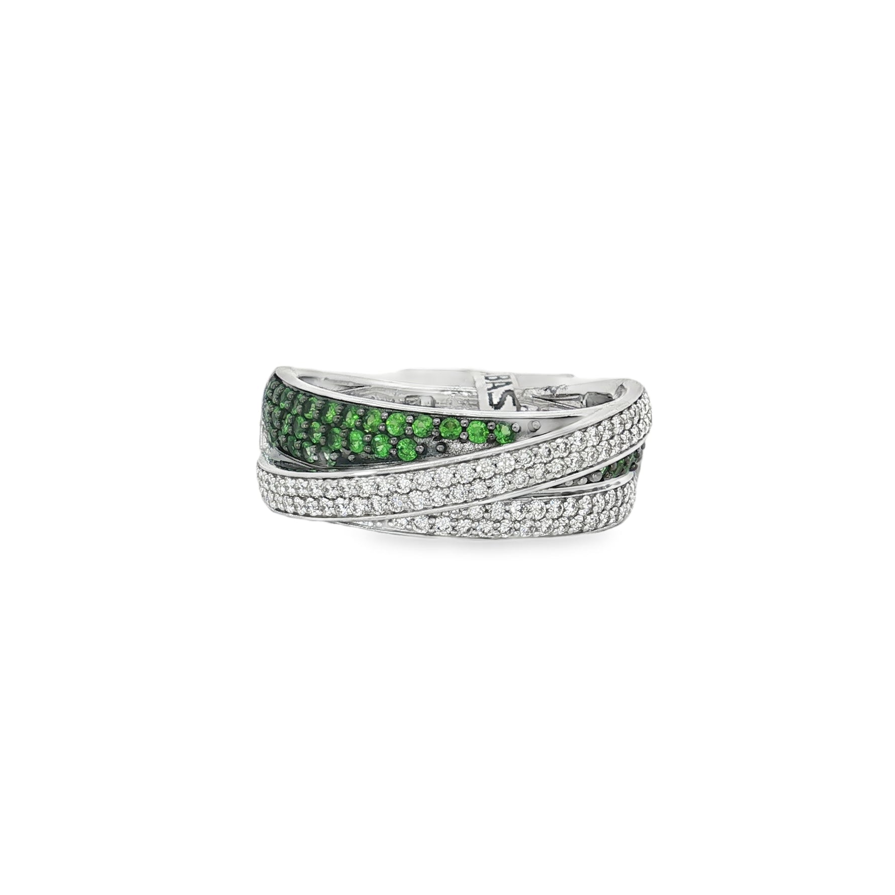 Tsavorite Diamond Double-Row Crossover Ring in white gold front view