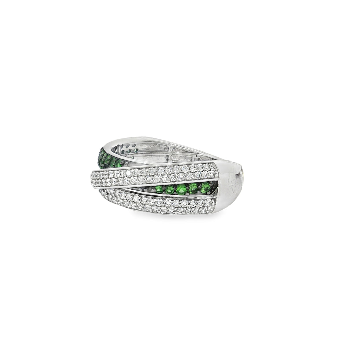 Tsavorite Diamond Double-Row Crossover Ring in white gold angled view