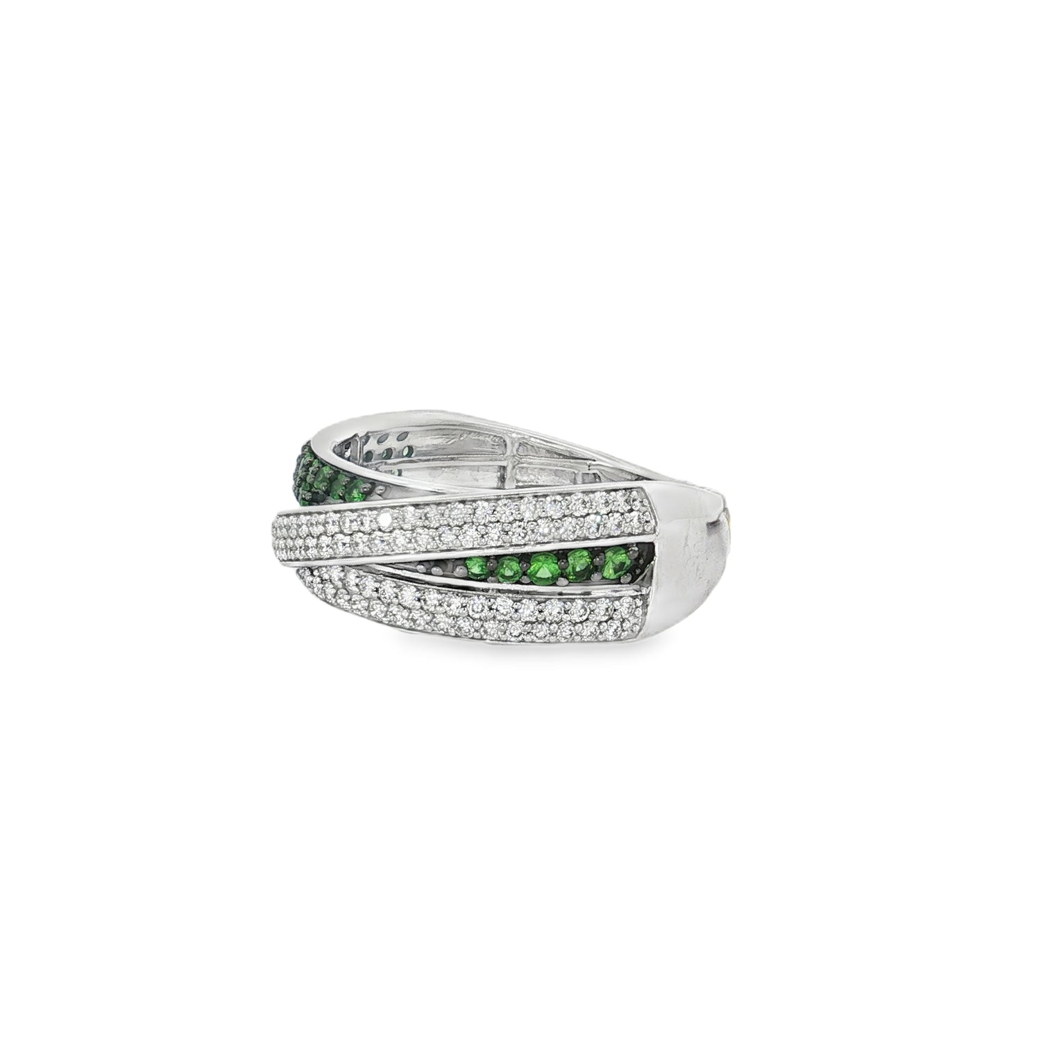 Tsavorite Diamond Double-Row Crossover Ring in white gold angled view