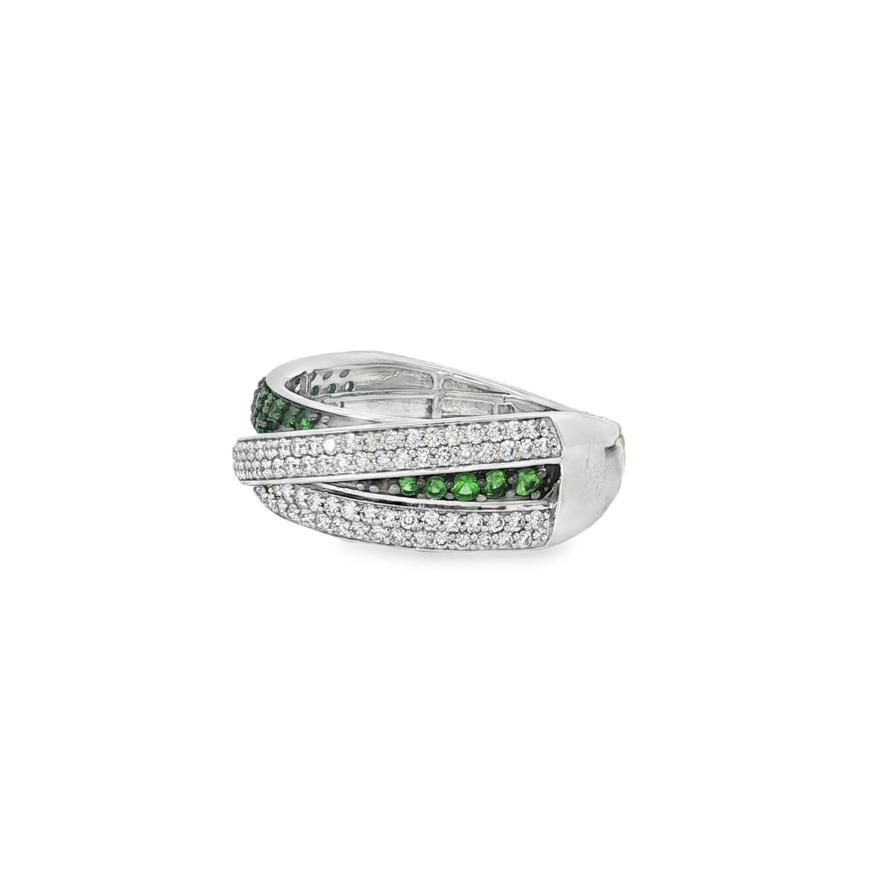 Tsavorite Diamond Double-Row Crossover Ring in white gold angled view