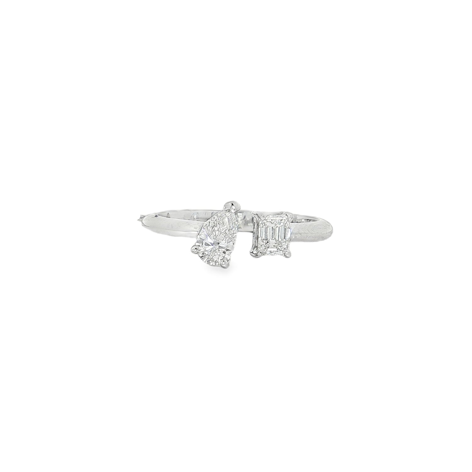 Pear and Emerald-Cut Two-Stone Diamond Ring in white gold front view