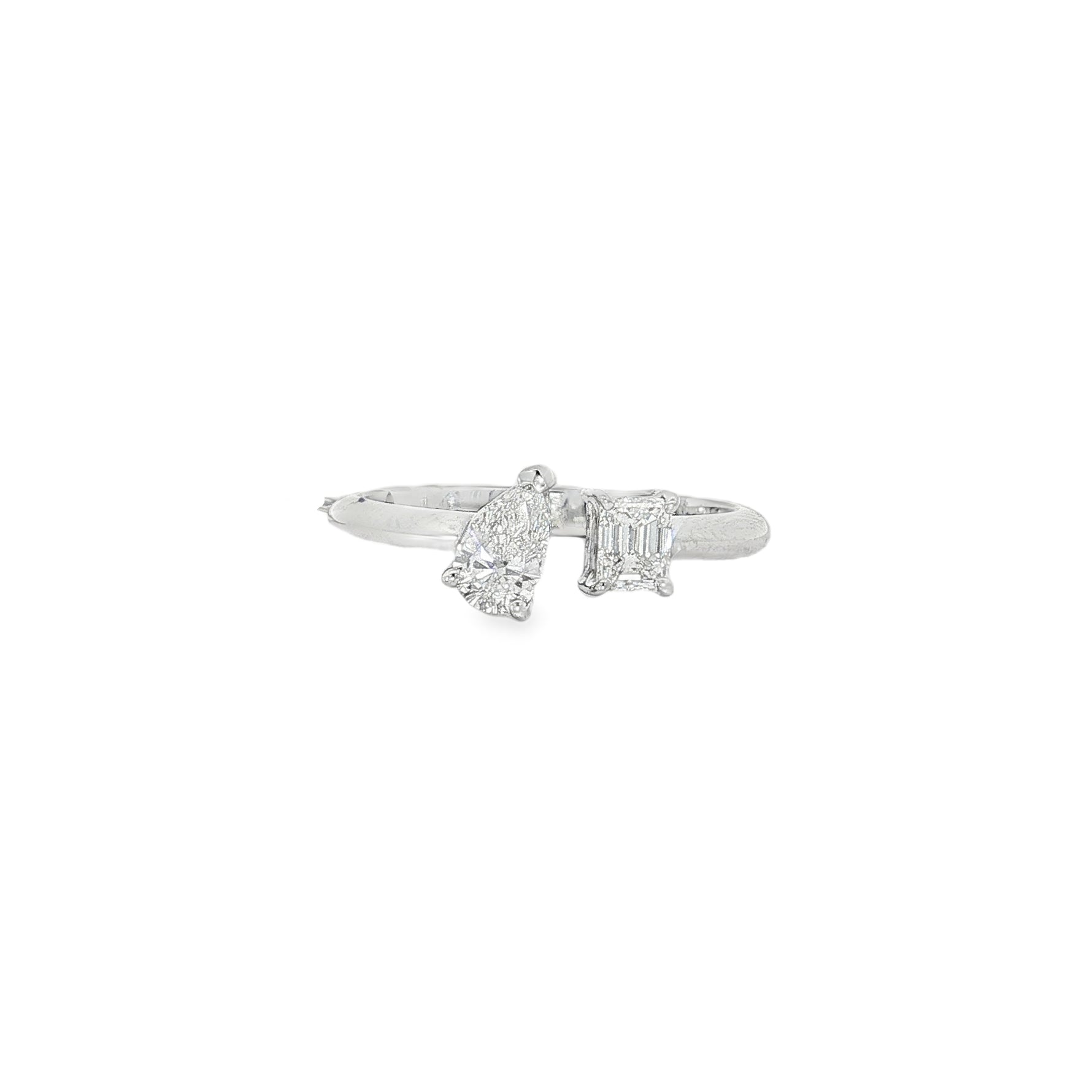 Pear and Emerald-Cut Two-Stone Diamond Ring in white gold front view
