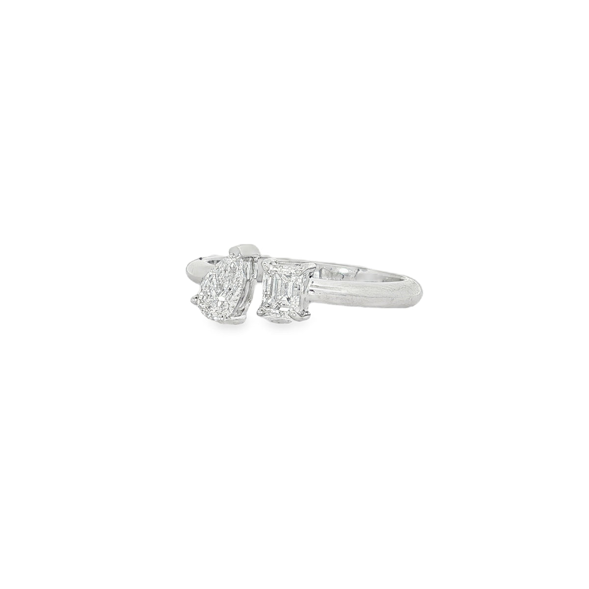 Pear and Emerald-Cut Two-Stone Diamond Ring in white gold angled view