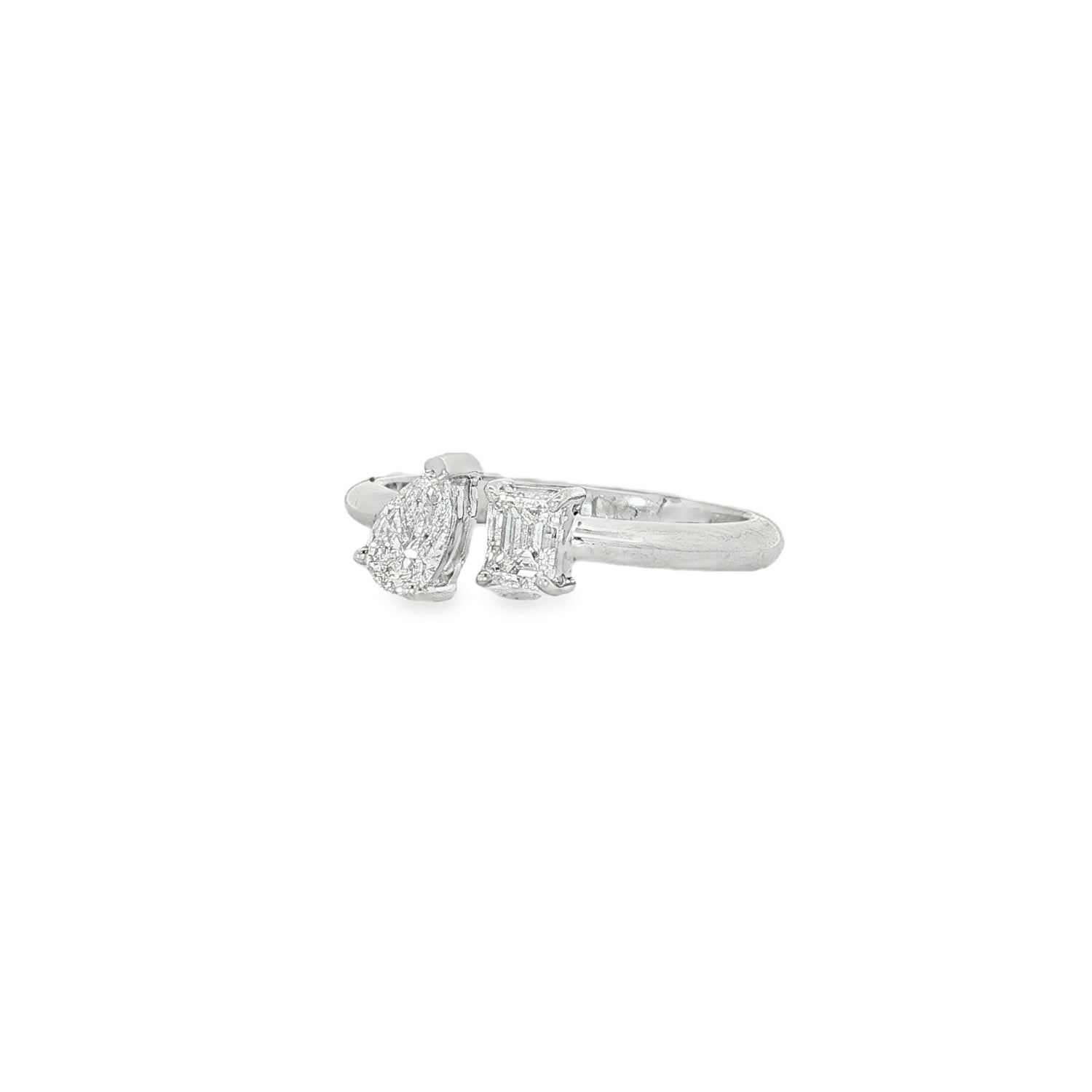 Pear and Emerald-Cut Two-Stone Diamond Ring in white gold angled view