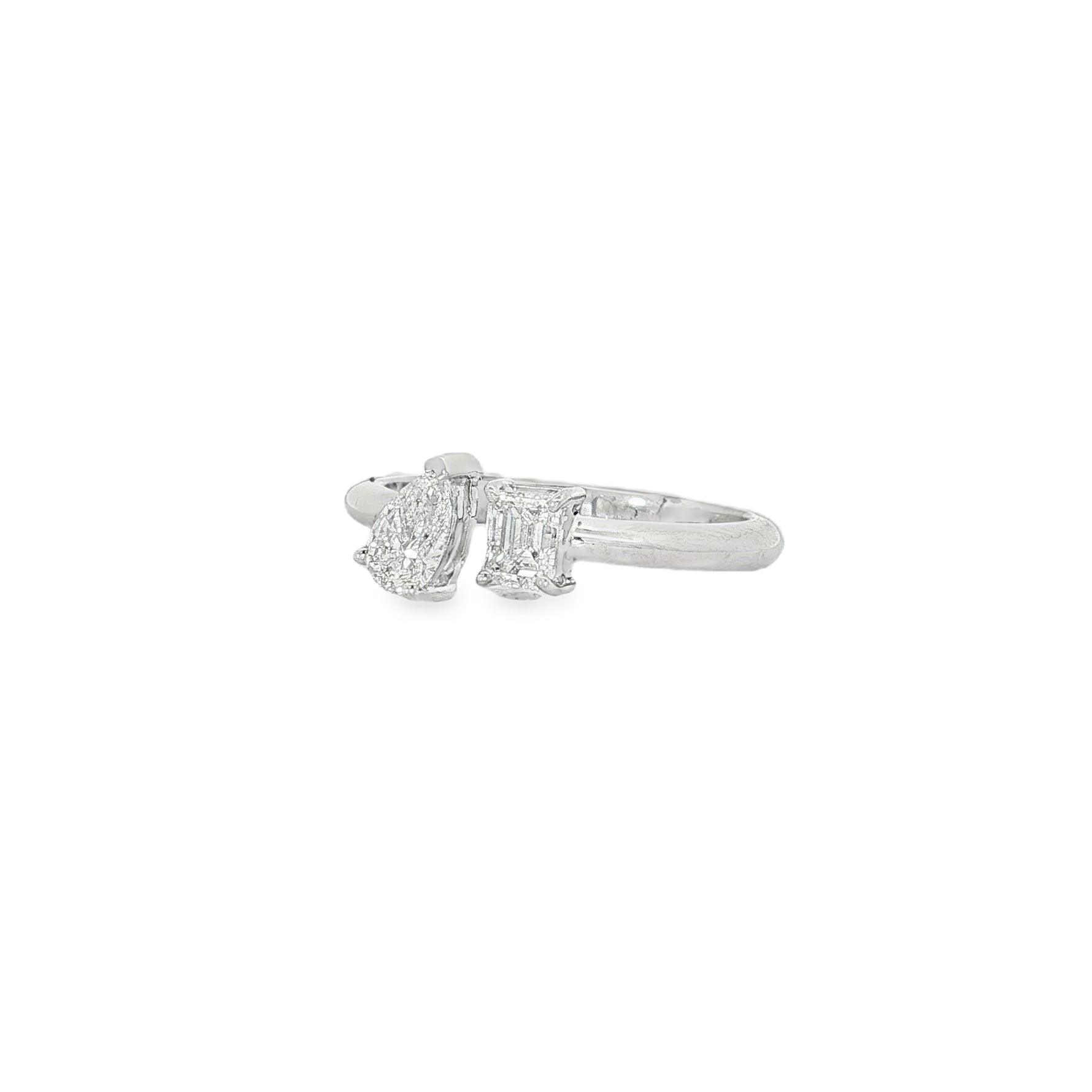 Pear and Emerald-Cut Two-Stone Diamond Ring in white gold angled view