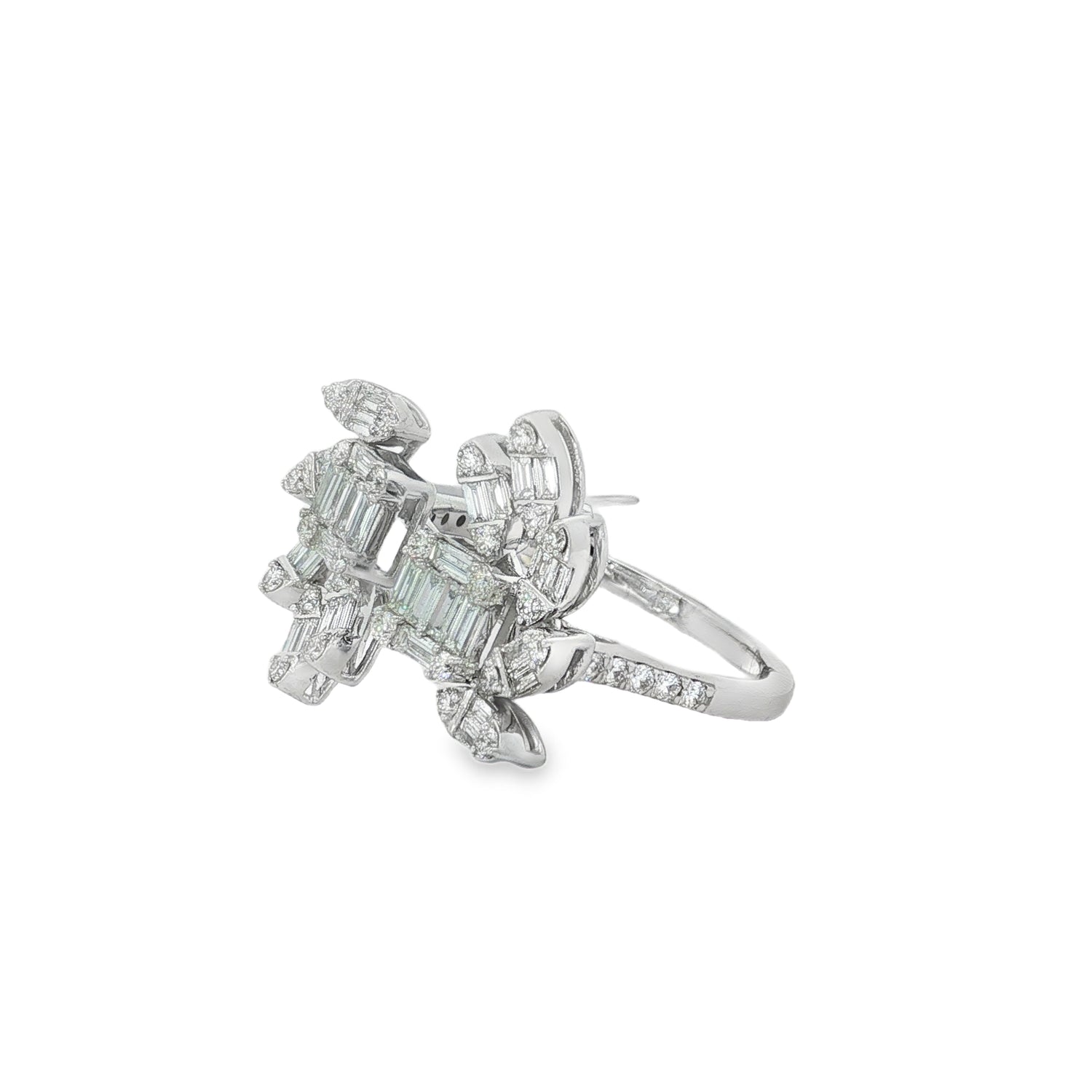 Baguette Diamond Botanical Cluster Ring in white gold angled view