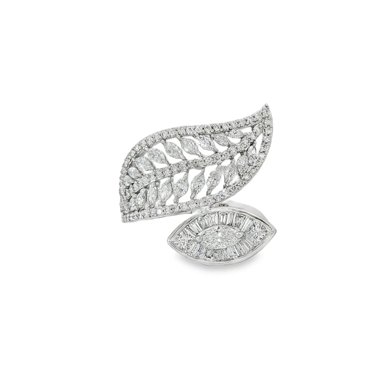 Baguette Diamond Double-Leaf Ring in white gold front view