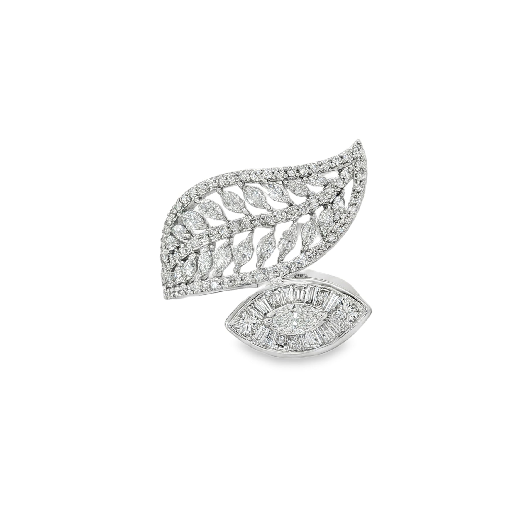 Baguette Diamond Double-Leaf Ring in white gold front view