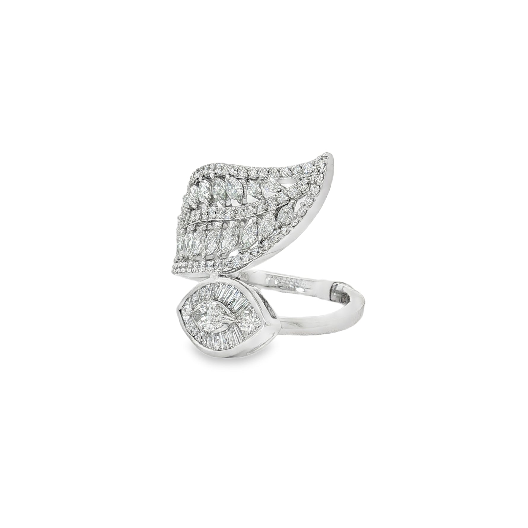 Baguette Diamond Double-Leaf Ring in white gold angled view