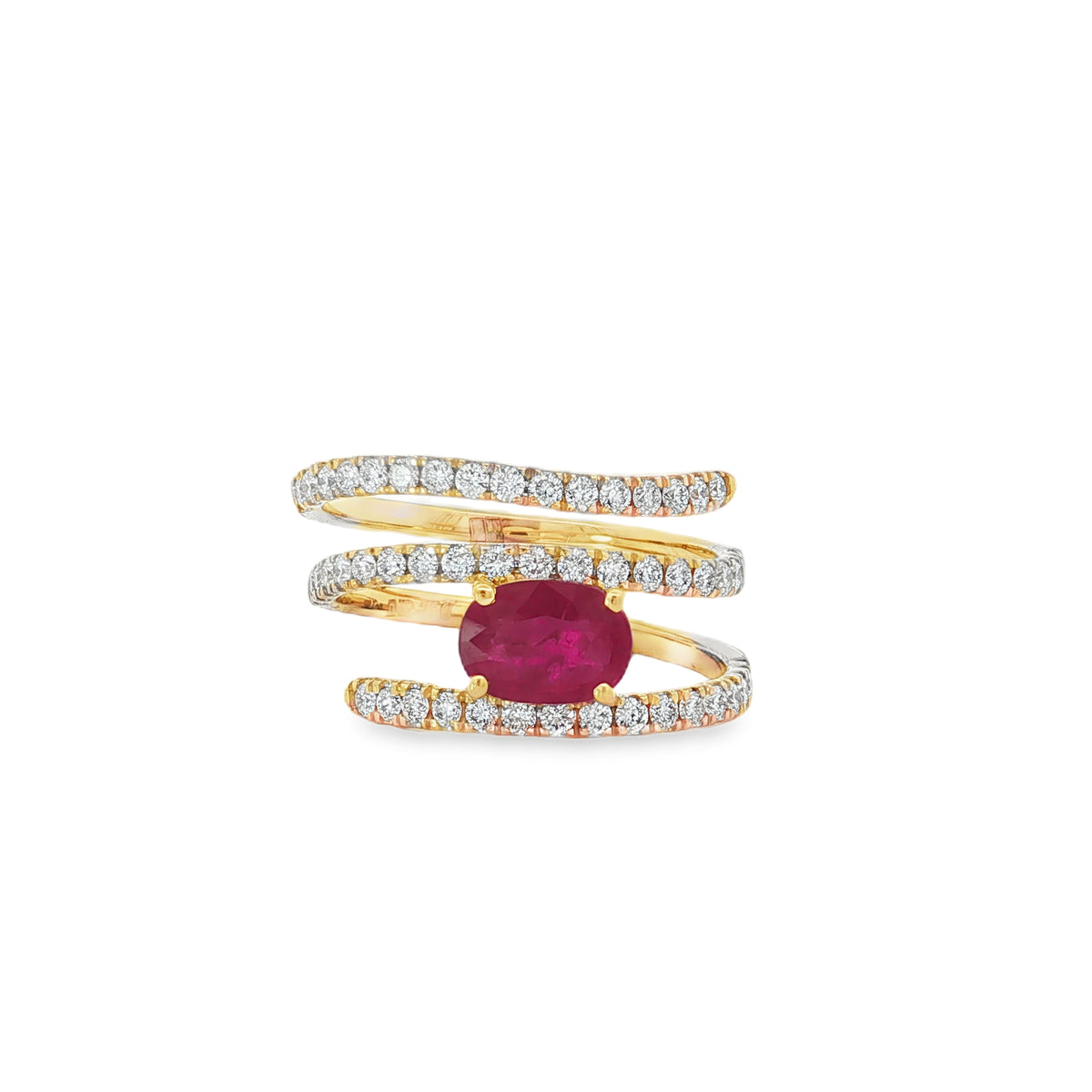 Ruby Diamond Spiral Yellow Gold Ring front view
