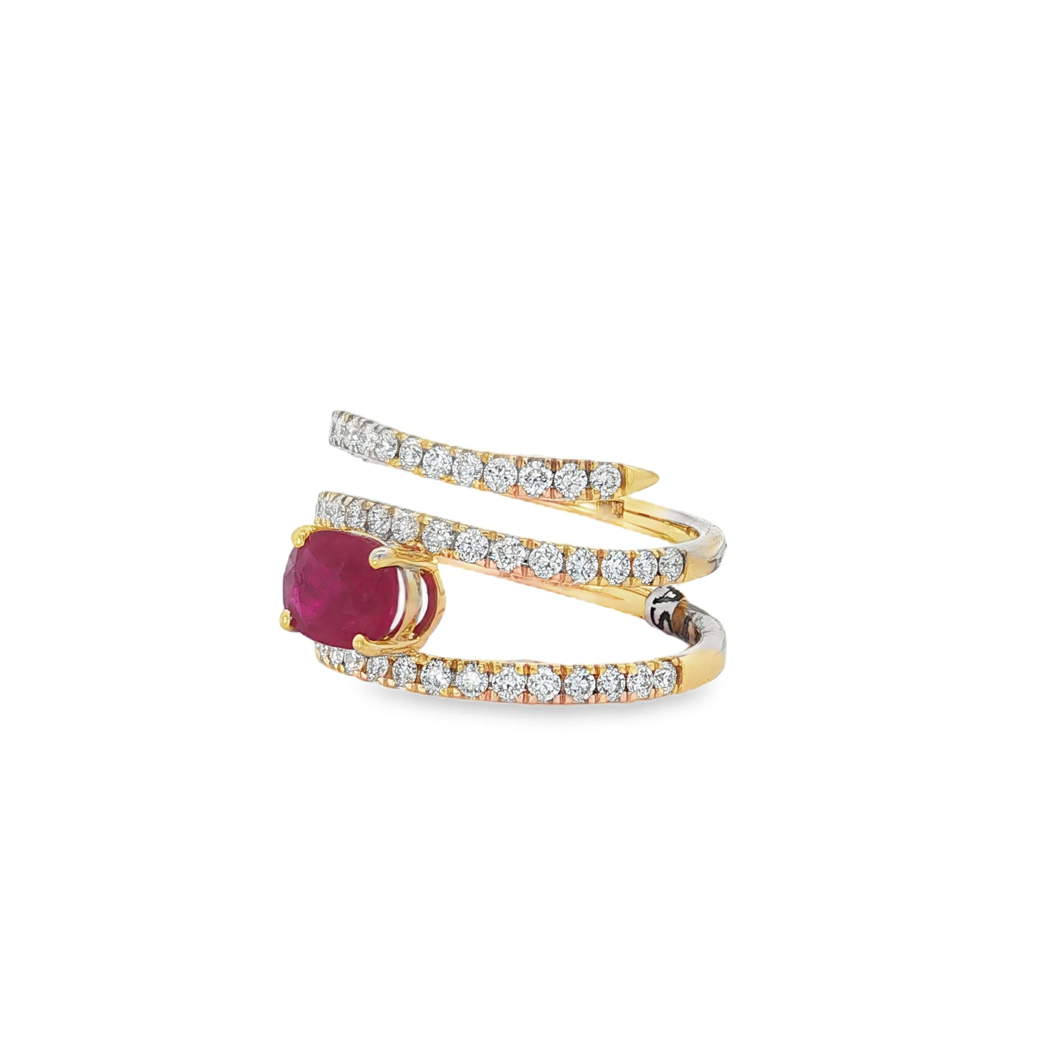 Ruby Diamond Spiral Yellow Gold Ring angled view