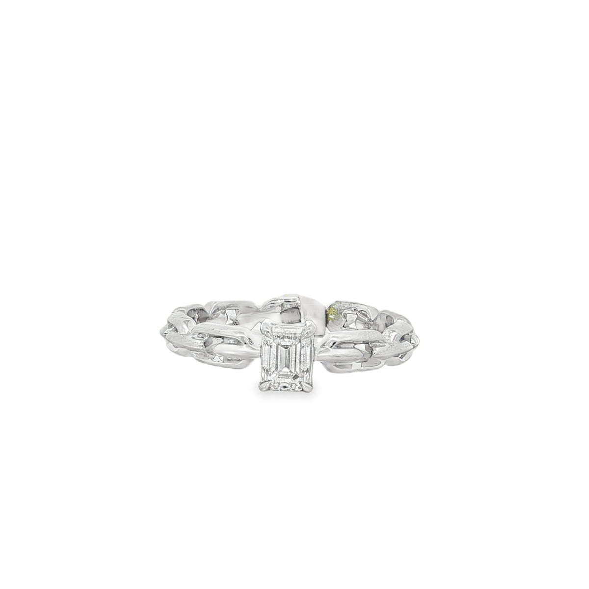 Emerald-Cut Diamond Cuban Link Ring in white gold front view