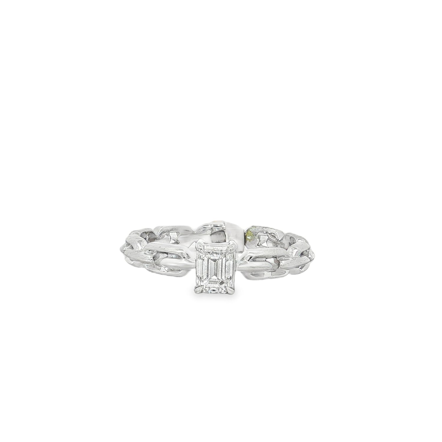 Emerald-Cut Diamond Cuban Link Ring in white gold front view