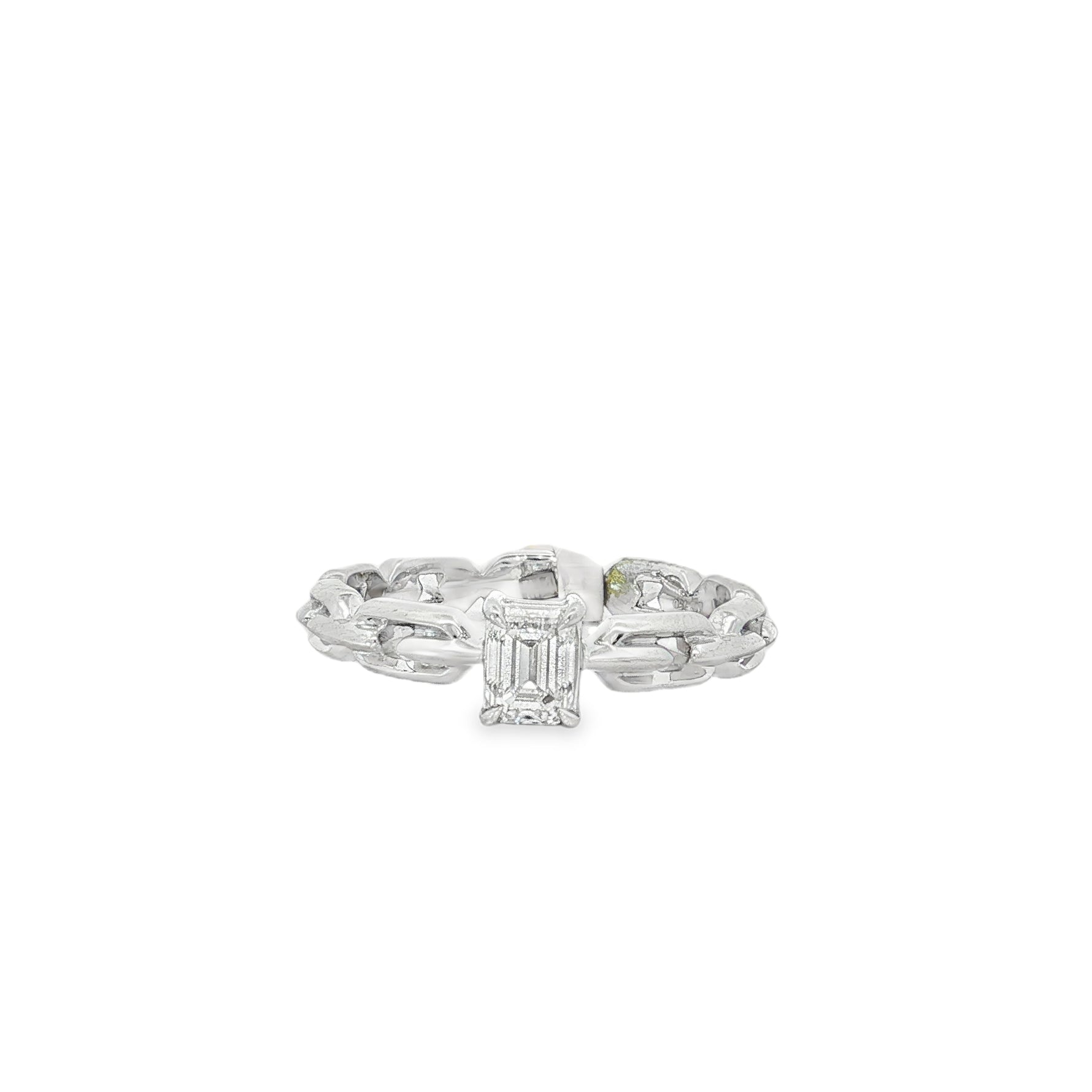 Emerald-Cut Diamond Cuban Link Ring in white gold front view