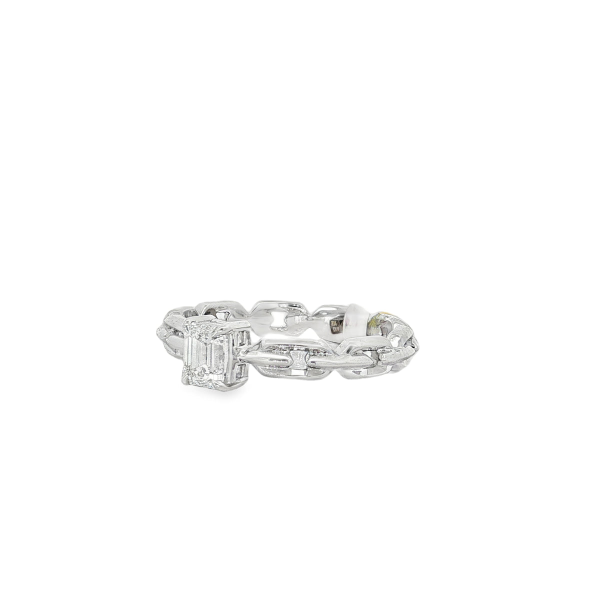 Emerald-Cut Diamond Cuban Link Ring in white gold angled view