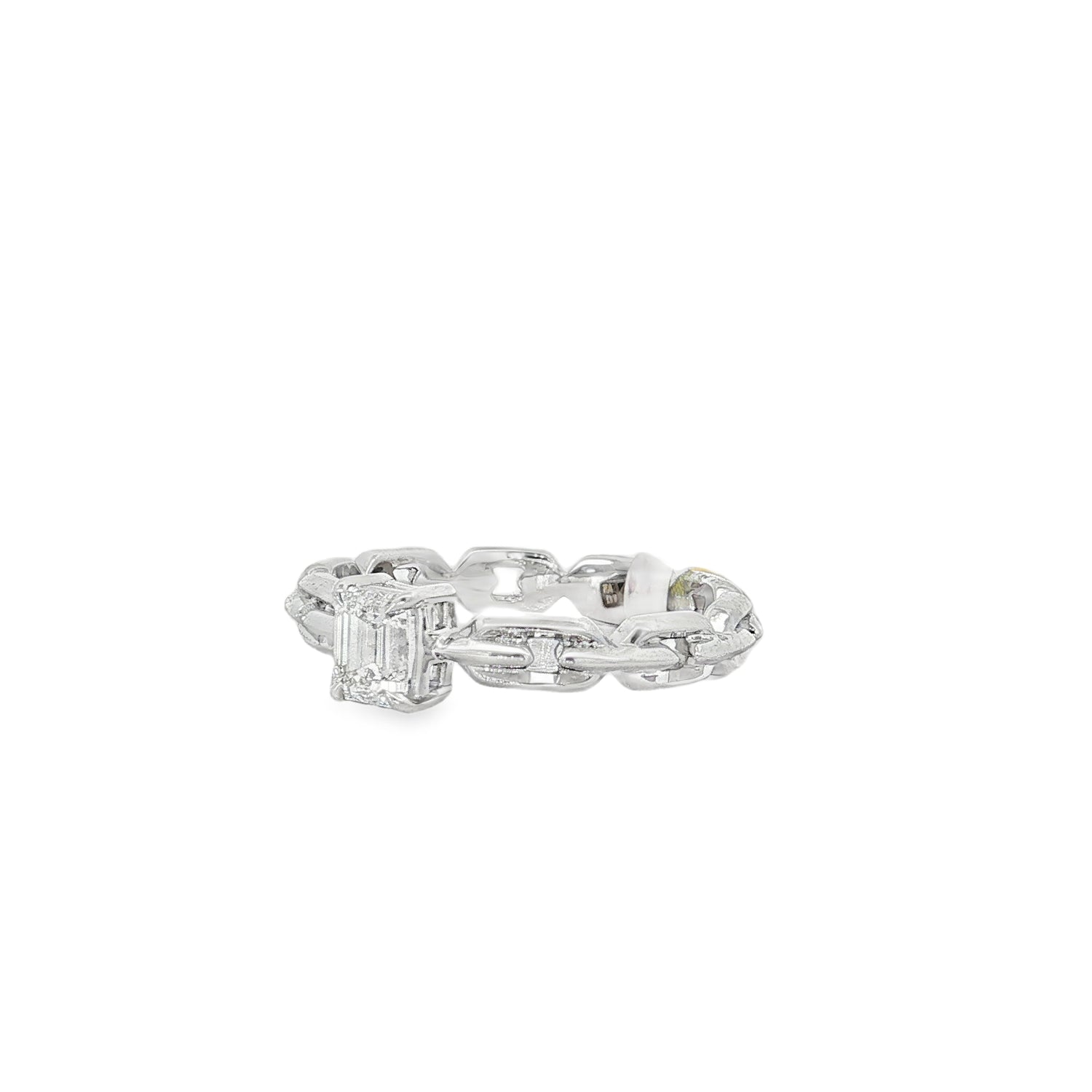 Emerald-Cut Diamond Cuban Link Ring in white gold angled view