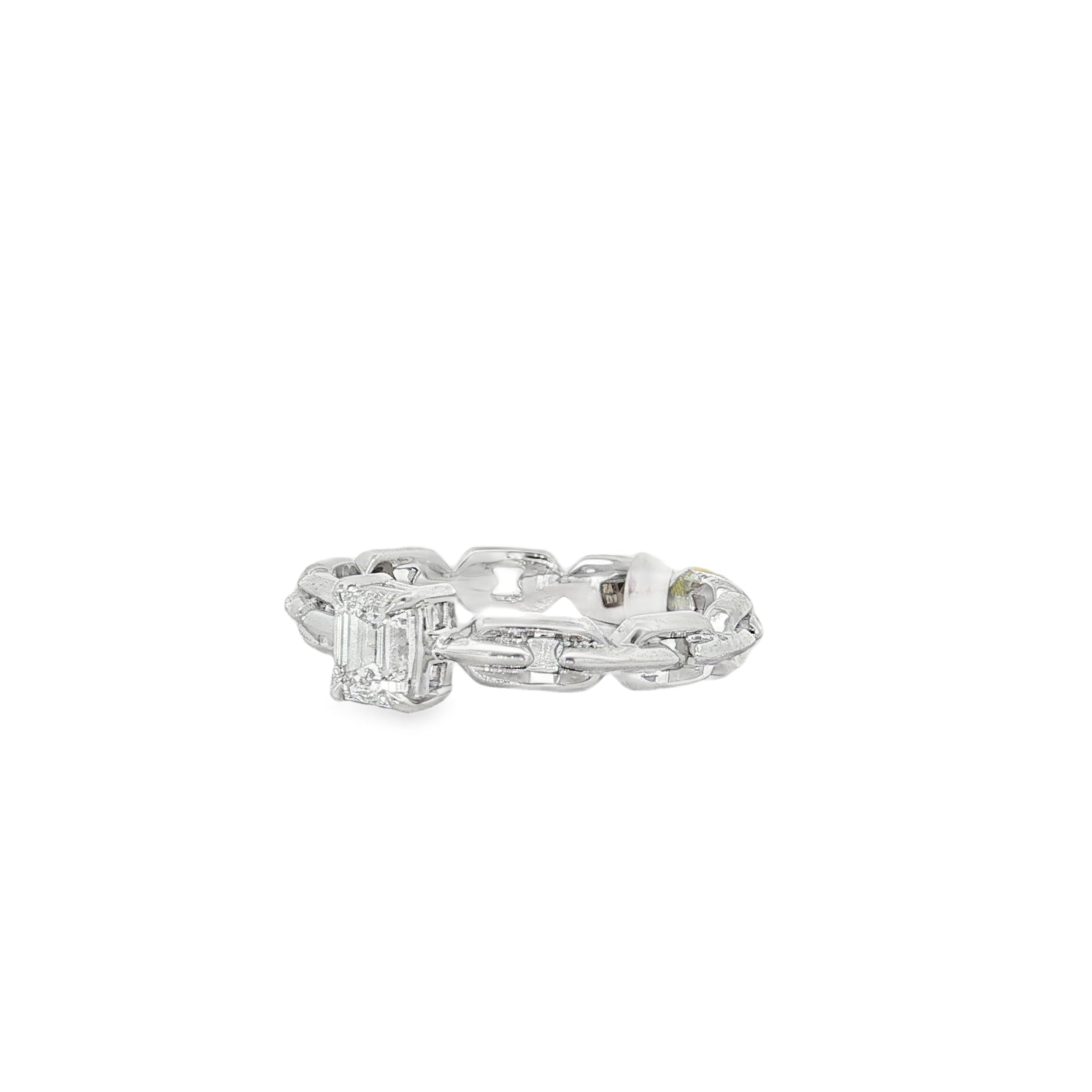 Emerald-Cut Diamond Cuban Link Ring in white gold angled view